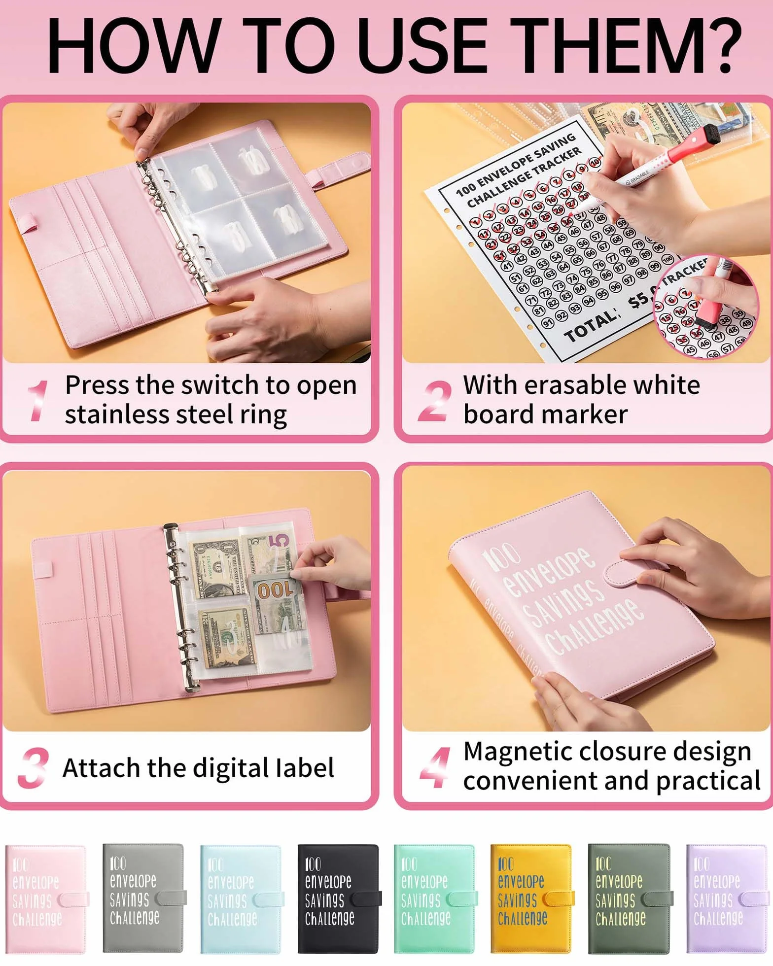 JEJA Budget Planner 5,050 euro Fogli di Bilancio Etichette Adesive Penne Cancellabili Rosa