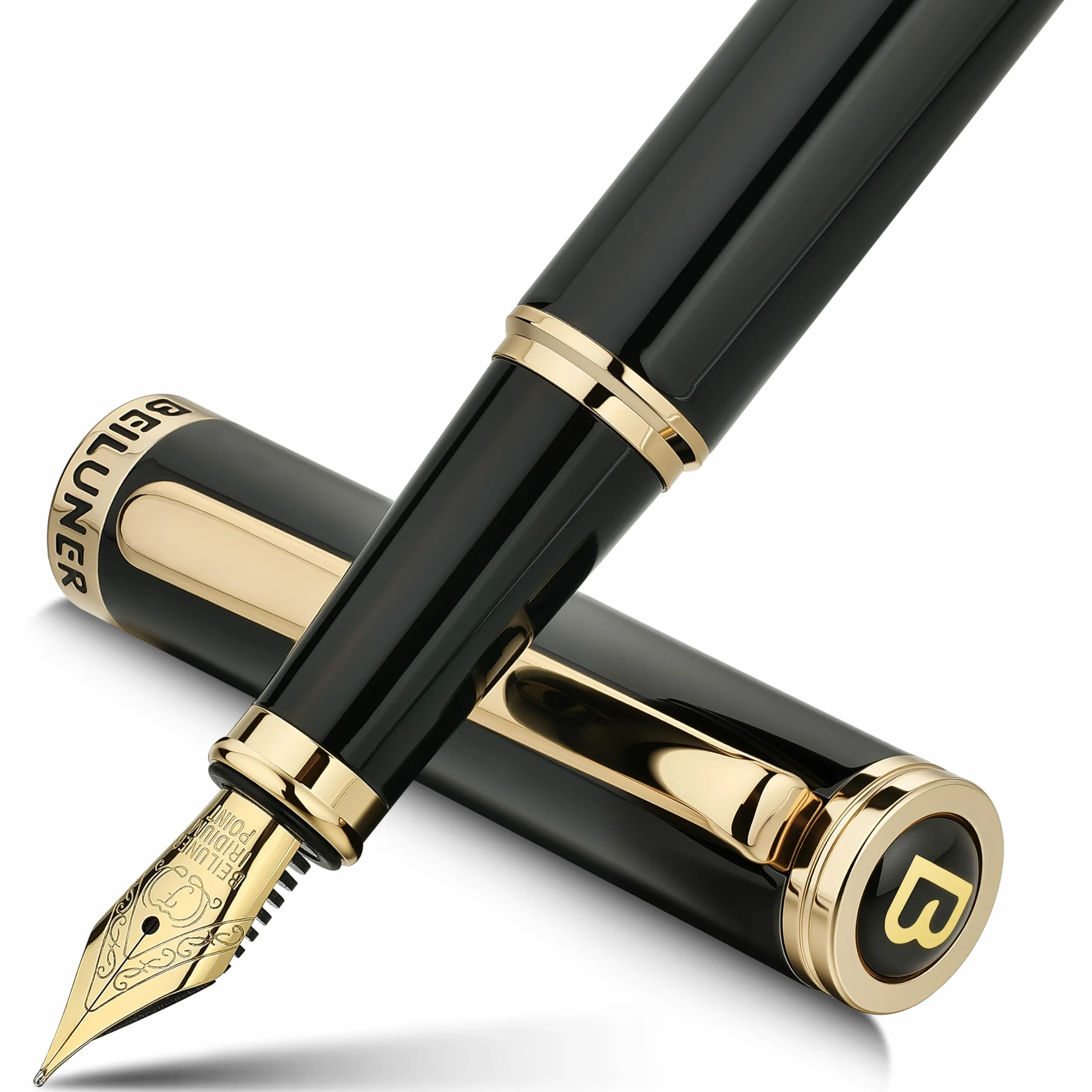 BEILUNER Penna Stilografica di Lusso, Finitura Laccata con Fregi e Pennino Dorati 24K, Regalo Affidabile con Convertitore per Lui e Lei, Penna Elegante - Nero & Oro, Pennino Fine
