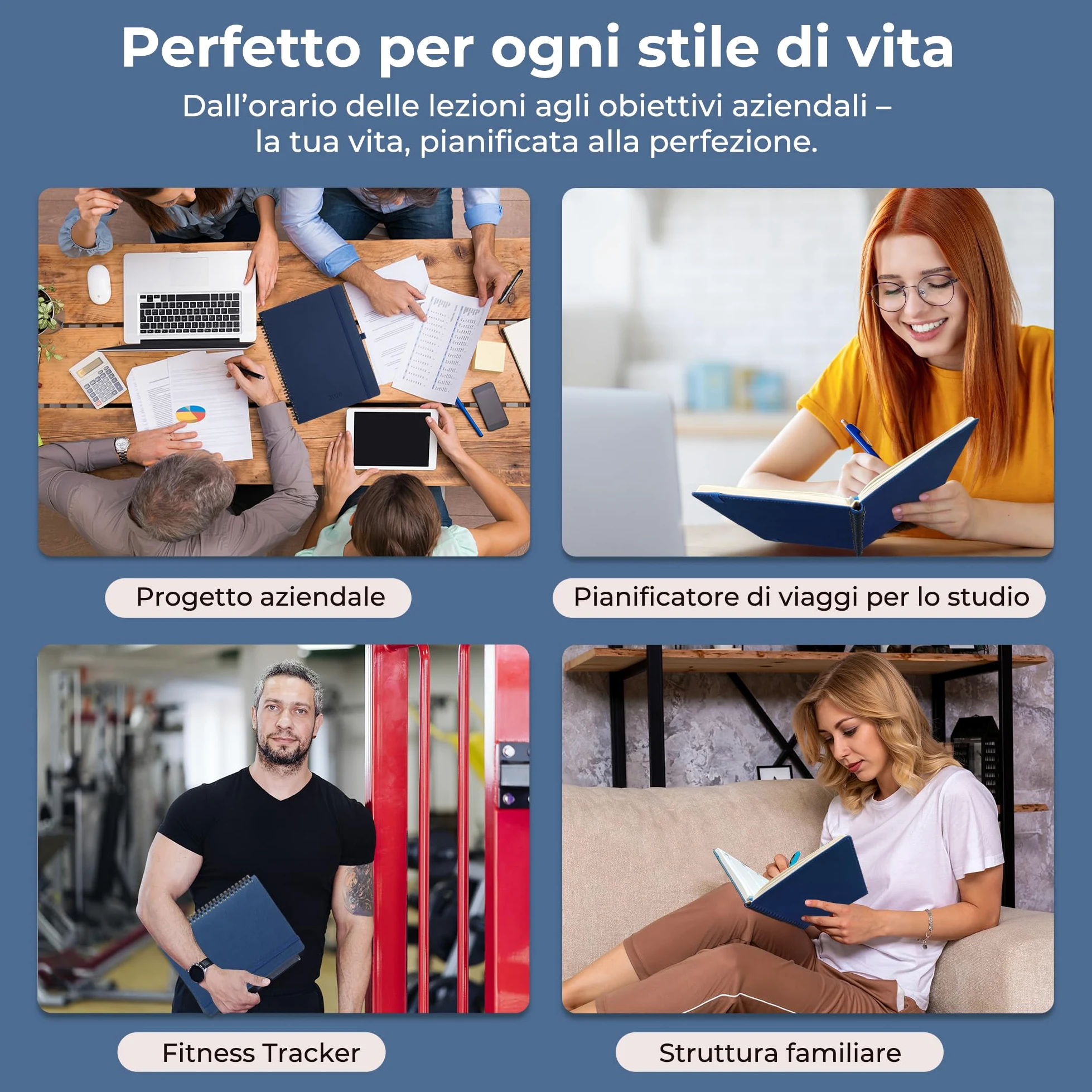 Agenda 2026 A4: Diario ad anelli 29x21,7 cm, Pianificatore settimanale & giornaliero, 12 mesi Gen–Dic, carta 100 g/m², pelle PU Blu marino