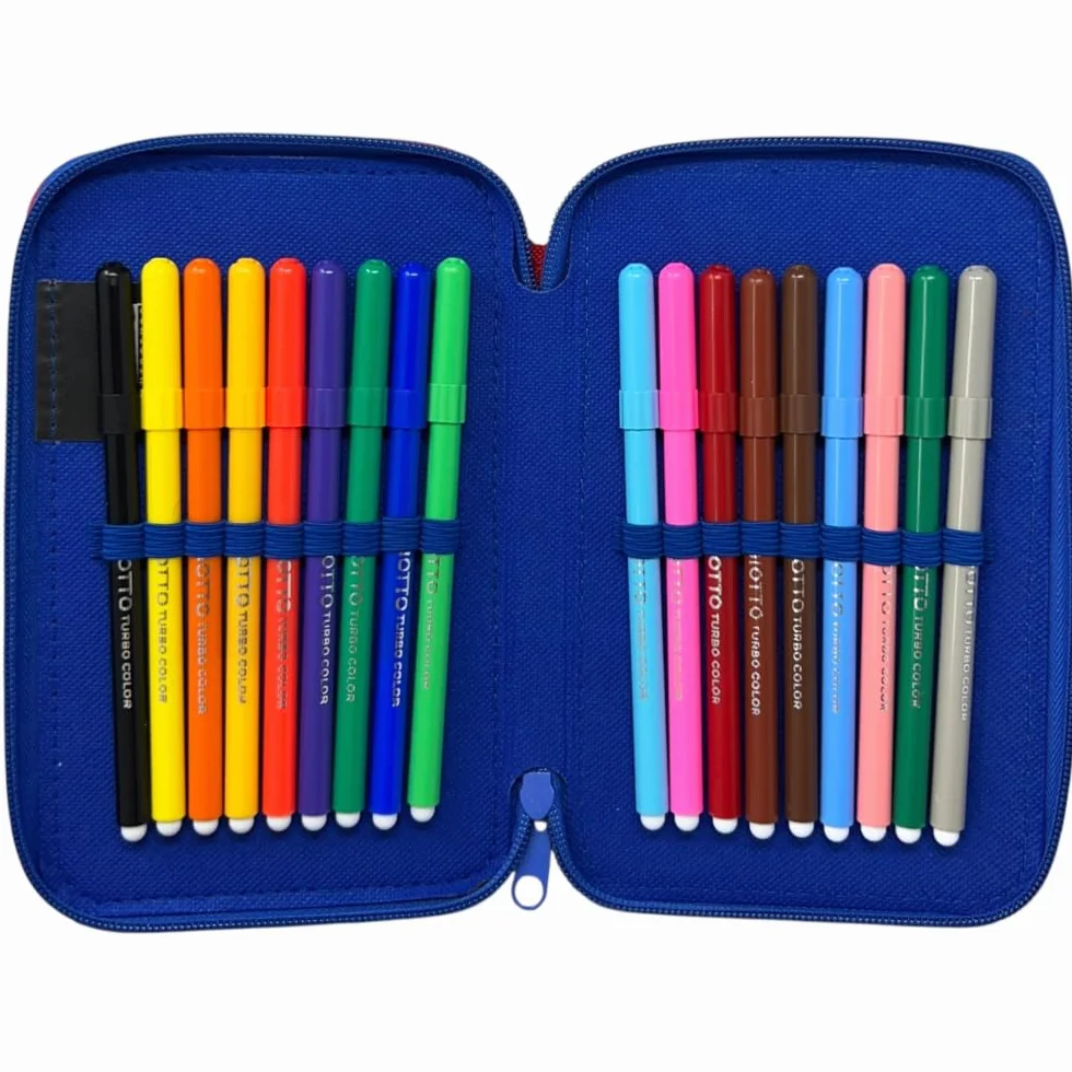Astuccio Sonic triplo completo 44 pezzi cancelleria scuola penne matite colori pennarelli Giotto
