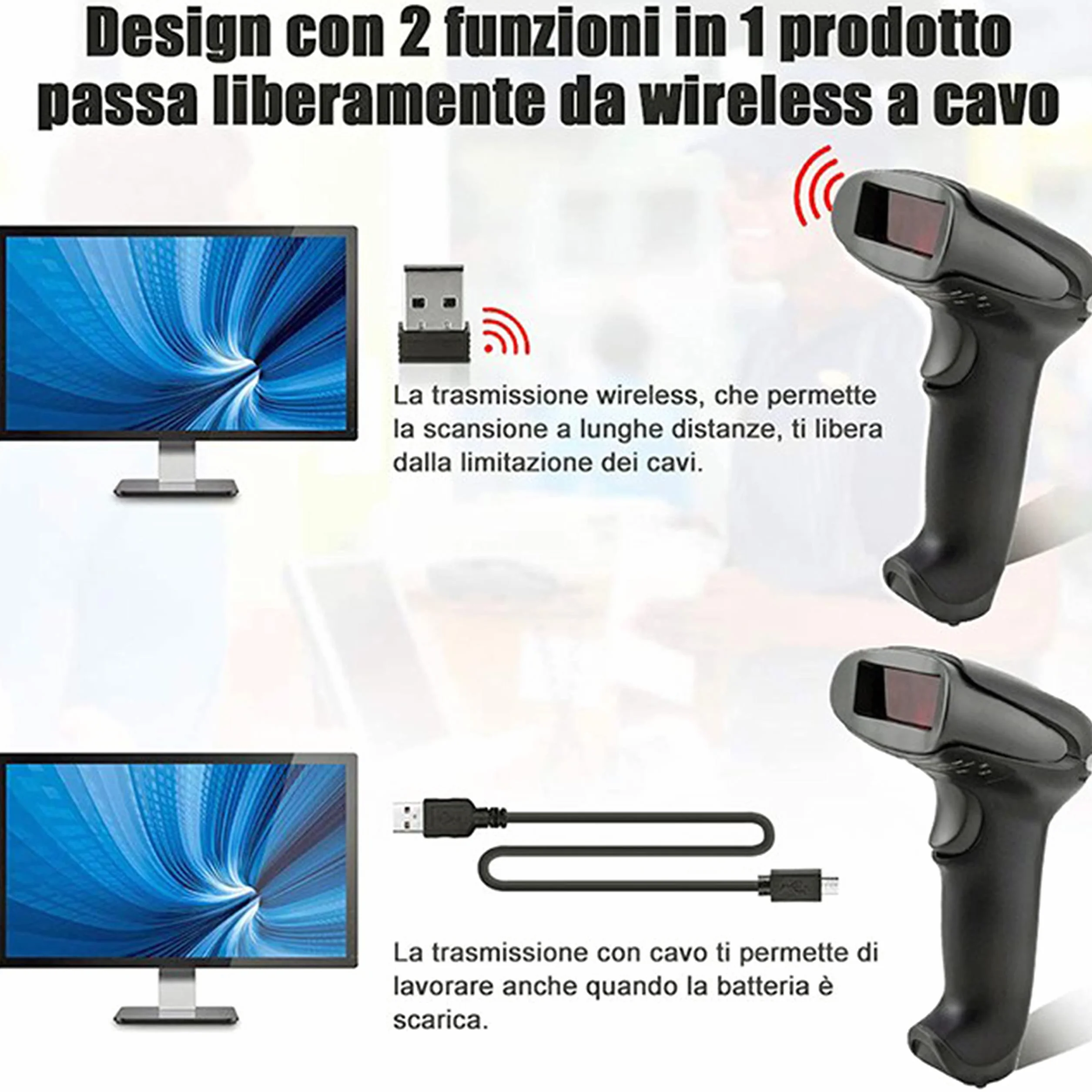 SIMPLETEK – Lettore Codici a Barre Wireless, Pistola Barcode Senza Fili, Scanner per Lotteria Scontrini e Gestione Vendite