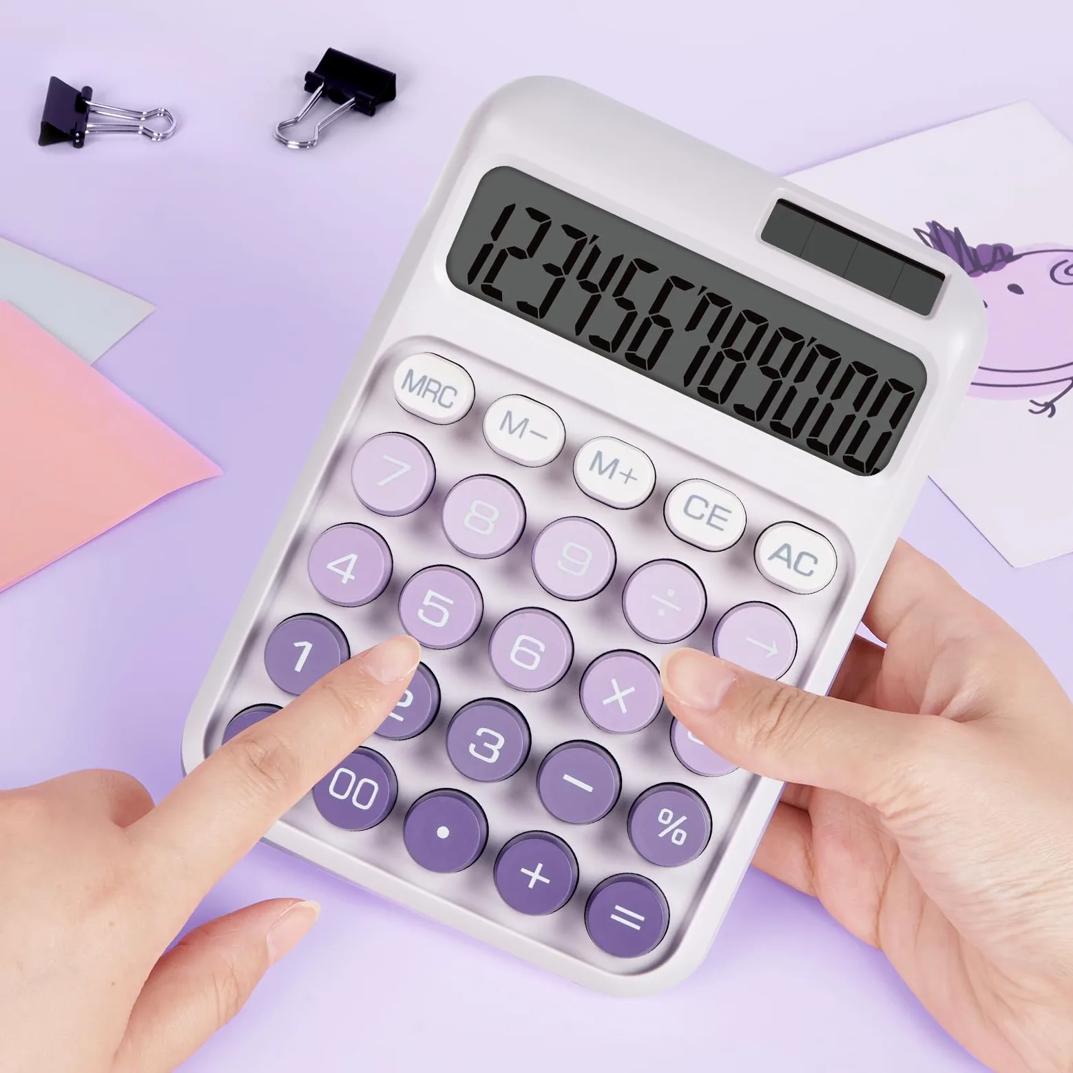 Calcolatrice meccanica con pulsanti grandi, calcolatrice da tavolo, 12 cifre, alimentazione a batteria solare, calcolatrice da tavolo, grande display LCD, simpatiche calcolatrici viola per