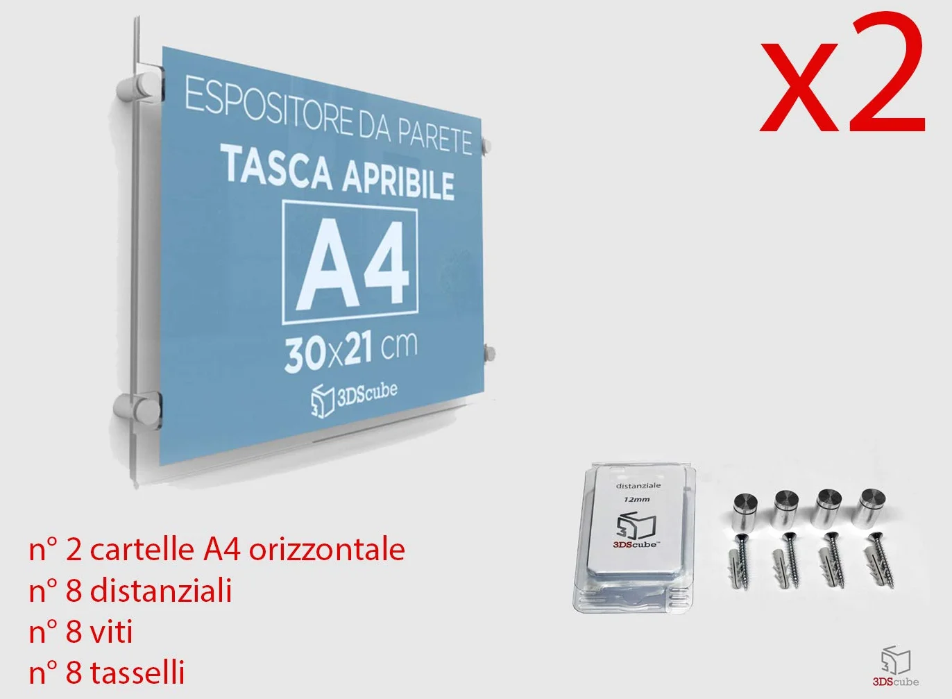 n.2 PEZZI Cartella in plexiglass da parete a tasca apribile, porta avvisi e depliant formato A4 orizzontale 30x21 cm, completa di distanziali in alluminio