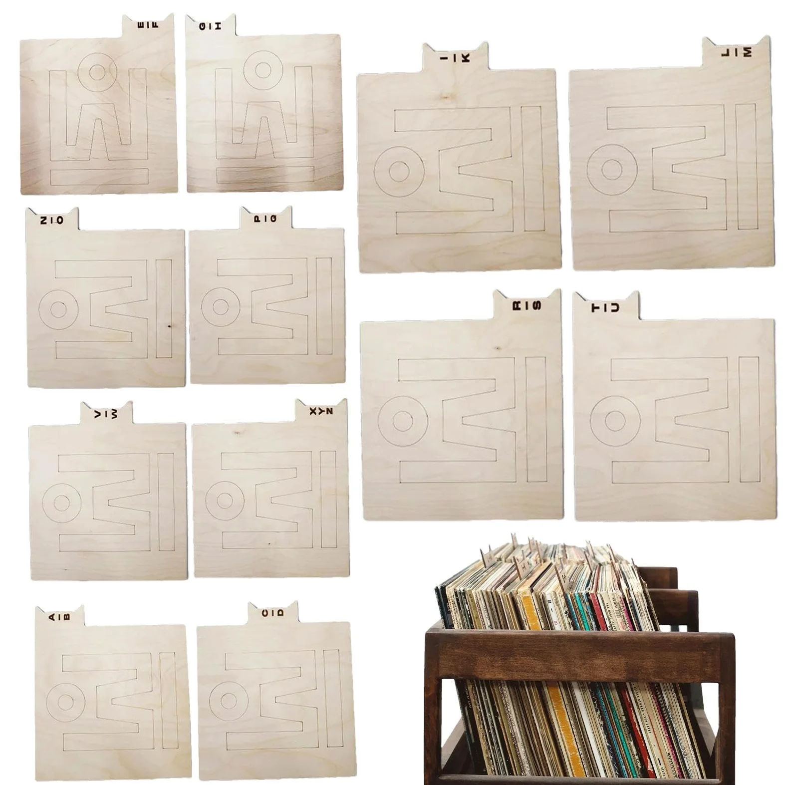 Divisori per registri, divisori per registri, divisori per registri, organizzatori di archiviazione in legno su un lato, supporto alfabetico per registri dalla A alla Z
