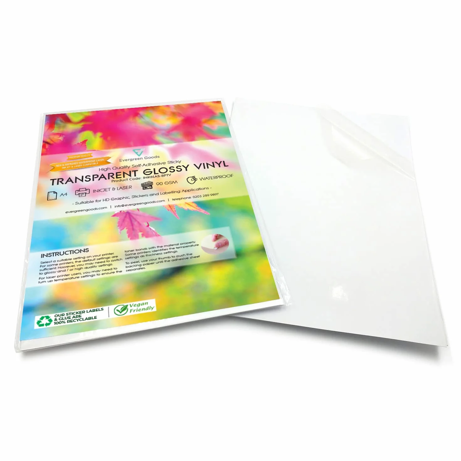 Carta adesiva lucida A4 per stampanti inkjet e laser, impermeabile, vinilica trasparente - Evergreen Goods Ltd
