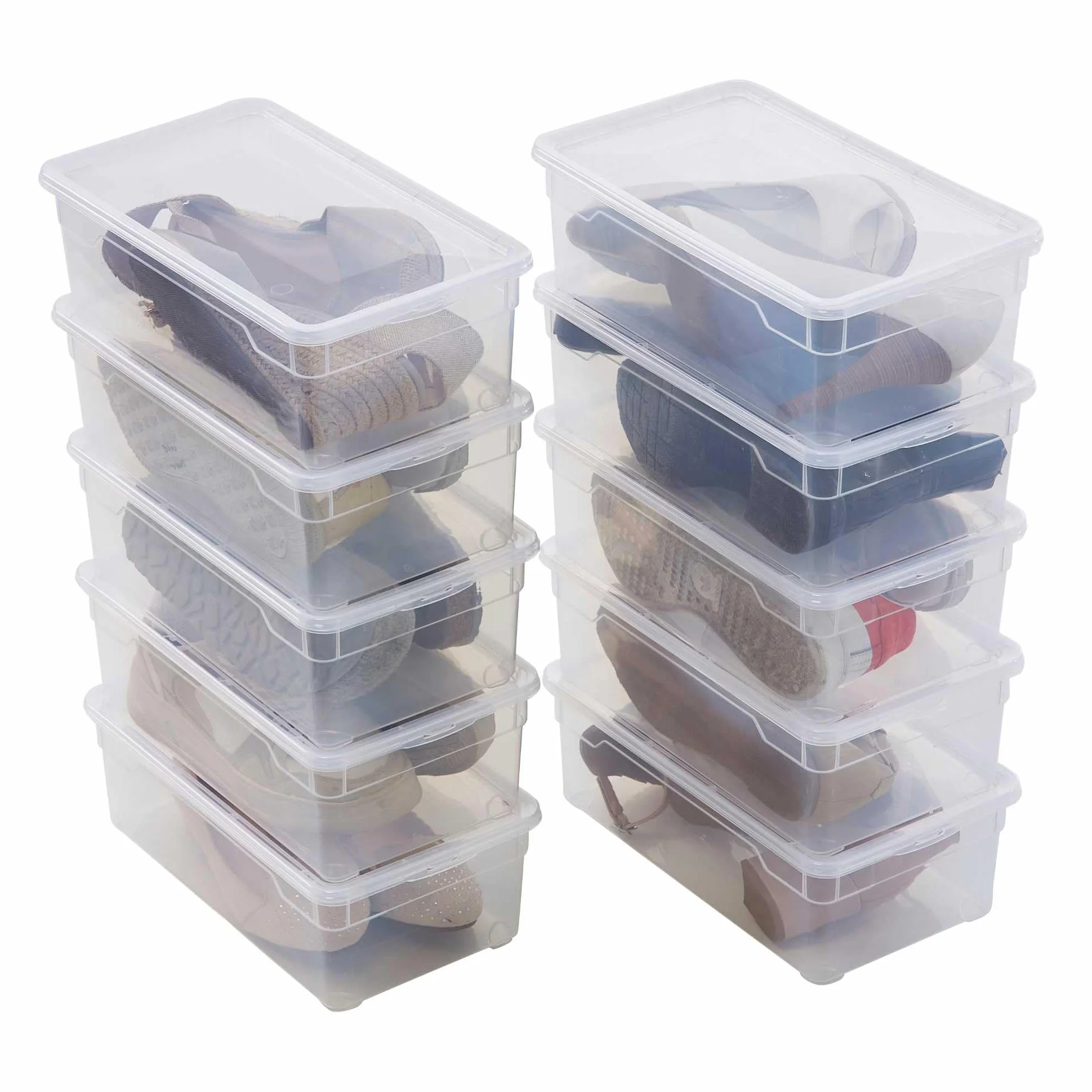 SUNDIS Clear Box, set di 10 scatole portaoggetti 5l, con coperchio, plastica trasparente, impilabile, ideale per le scarpe da donna