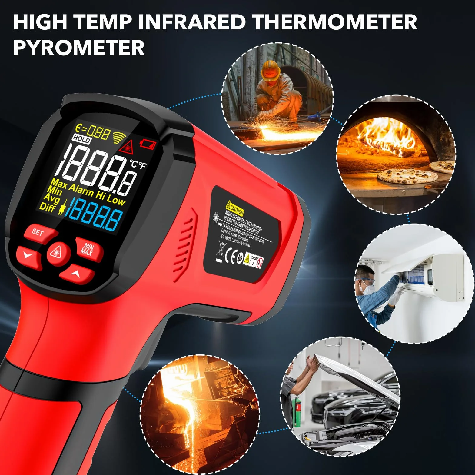 MESTEK Termometro a Infrarossi Digitale Laser -40°C~2000°C con K-Probe Senza Contatto LCD Emissività Regolabile Allarme