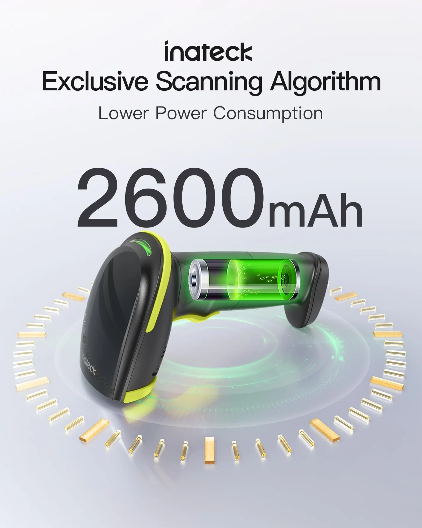 Inateck 2D Lettore Barcode Wireless con Supporto Intelligente, Lettore Codice a Barre Bluetooth, Barcode Scanner con App e SDK, Pistola Barcode con Batteria da 2600mAh, BCST-35