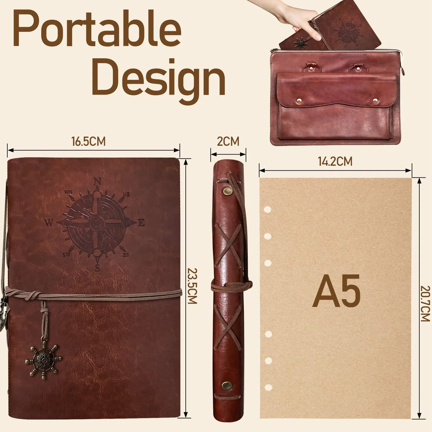 Taccuino A5 in Pelle PU Riutilizzabile Vintage Rifillabile per Diario di Viaggio