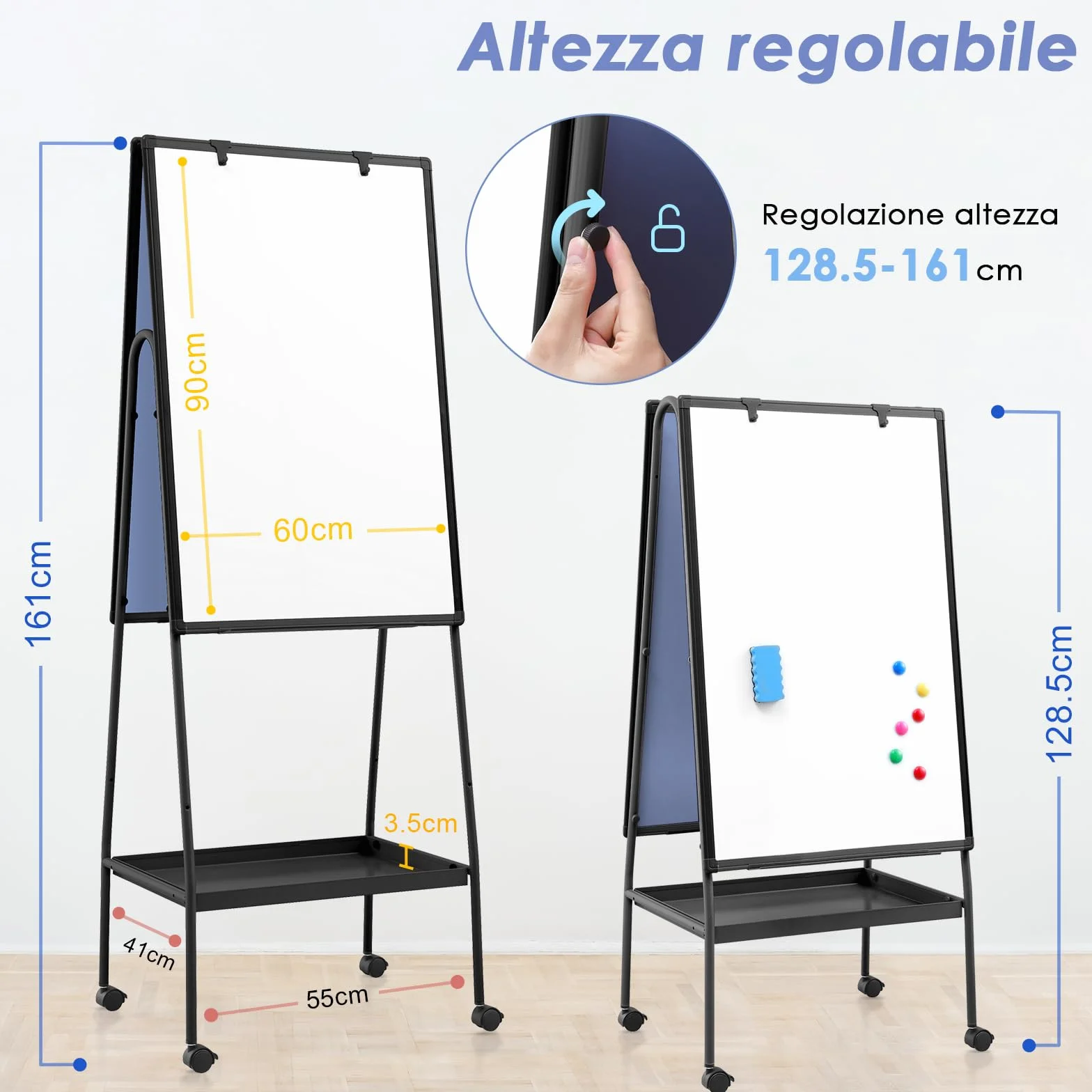 MAKELLO Lavagna Magnetica a Doppia Faccia Mobile con 4 Rotelle - Lavagna a Fogli Mobili, Struttura in Alluminio Nero Regolabile in Altezza, Stabile per Ufficio/Aula/Home Office