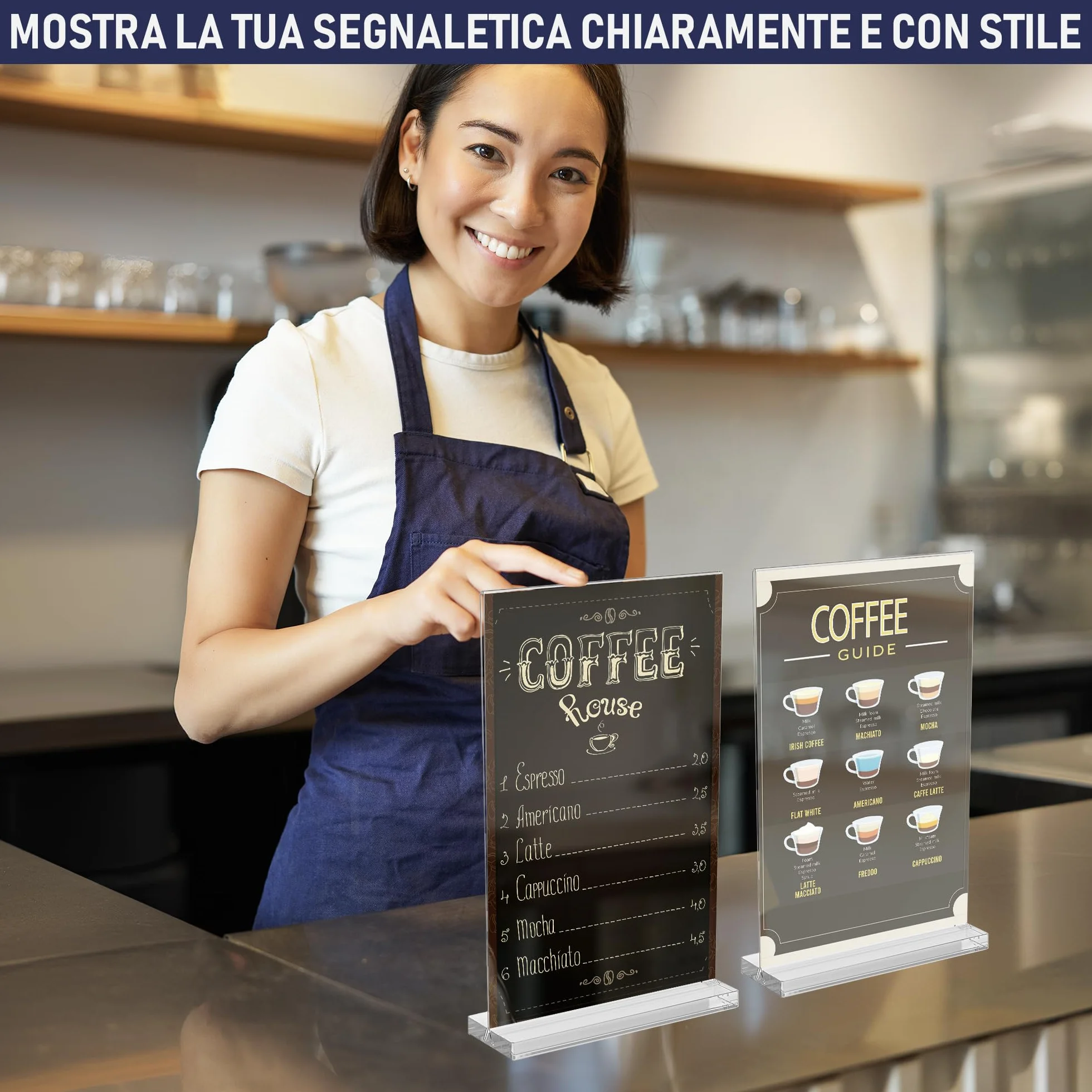 Porta cartelli in acrilico A4 confezione da 6 espositori bifacciali bordi lucidi