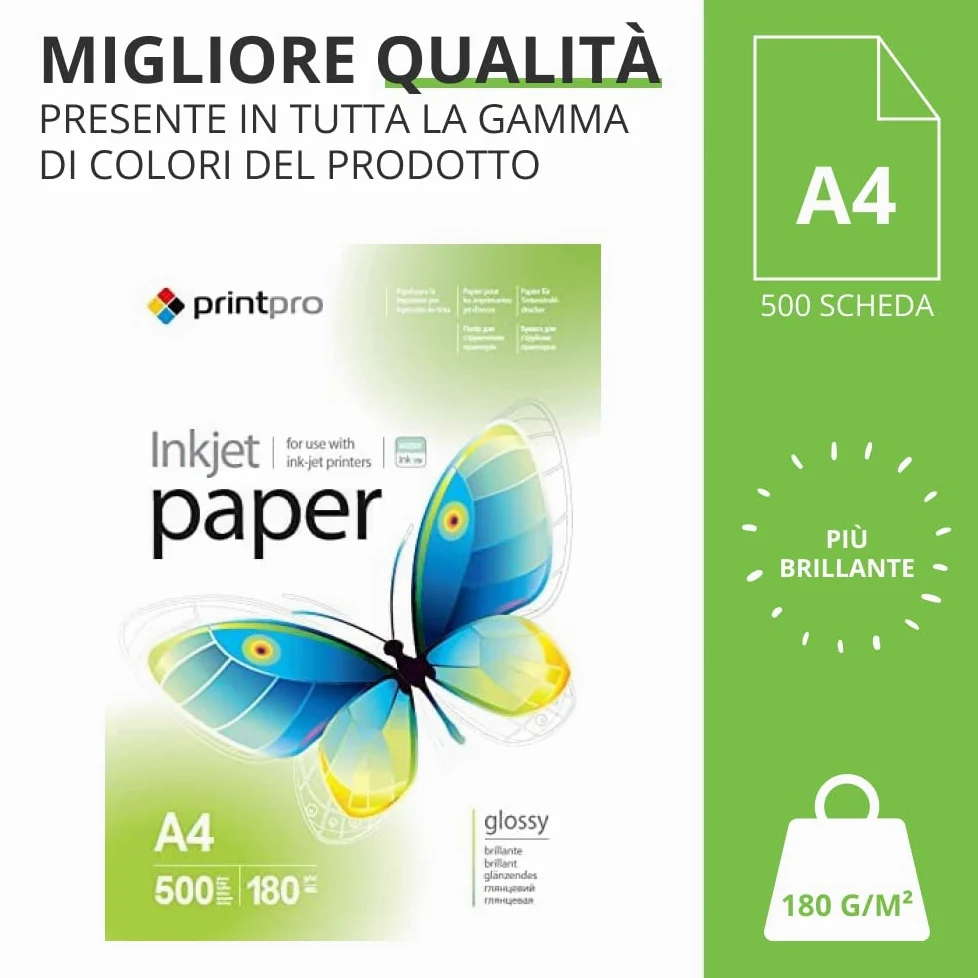 Carta fotografica PrintPro di COLORWAY ad alta lucentezza DIN A4 180g/m² 500 fogli Asciugatura istantanea Impermeabile per tutte le stampanti a getto d'inchiostro