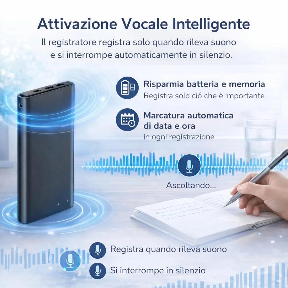 CleverTalk Q1 Registratore Vocale con IA | Attivazione Vocale | App Mobile, Mac, Windows e Web | Cloud Europeo GDPR | 64GB | Audio HD 1536kbps | USB-C