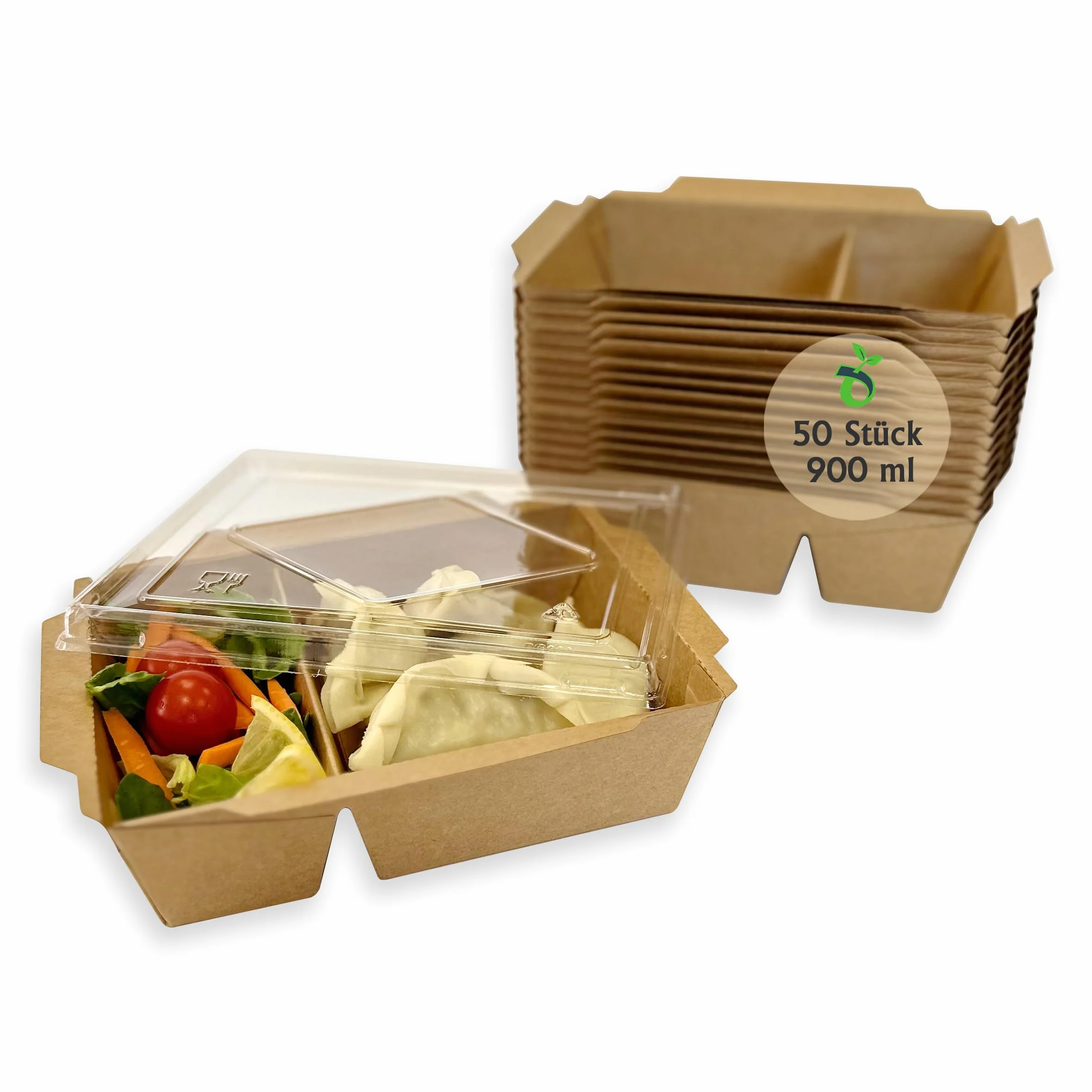 Lanchbox Carta Kraft Coperchio Trasparente 2 Scomparti 900 ml - Confezione 50 Pezzi | Scatole Alimenti Asporto, Contenitori Monouso
