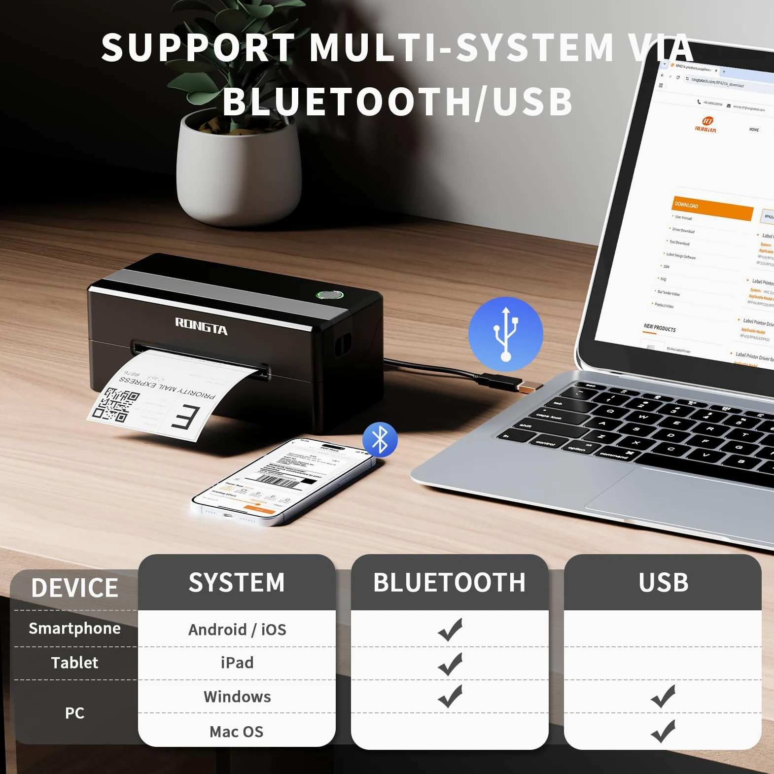 Rongta Stampante termica per etichette di spedizione Bluetooth 4x6, etichettatrice wireless per Amazon FBA, Ebay, Shopify, USPS, FedEx, compatibile con Windows/Mac/Android/iOS (nero)