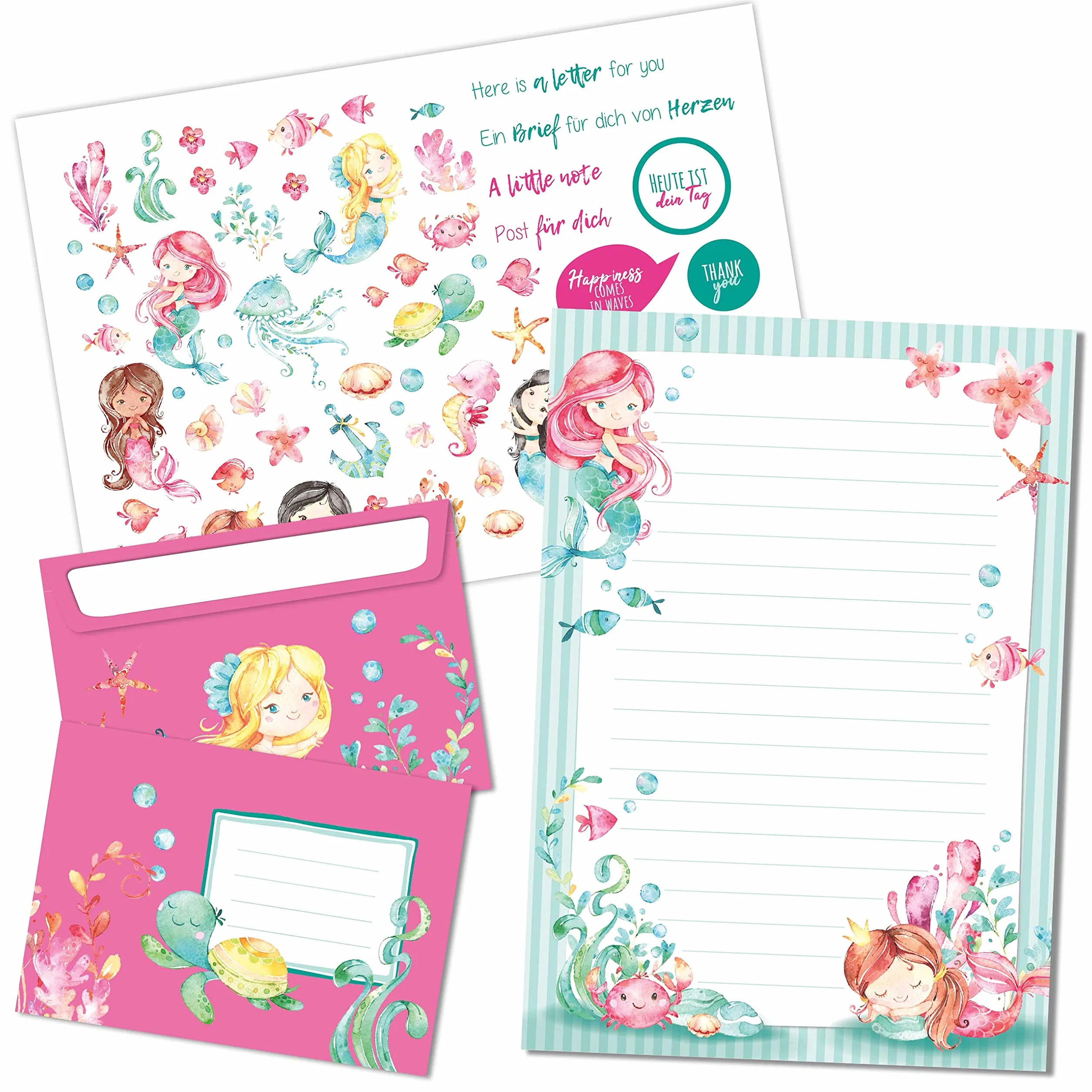 Papierdrachen Set di Blocchi per Lettere - 50 fogli colorati stampati - Carta da lettere con adesivi - 20 buste - Idea regalo per bambini Sirena