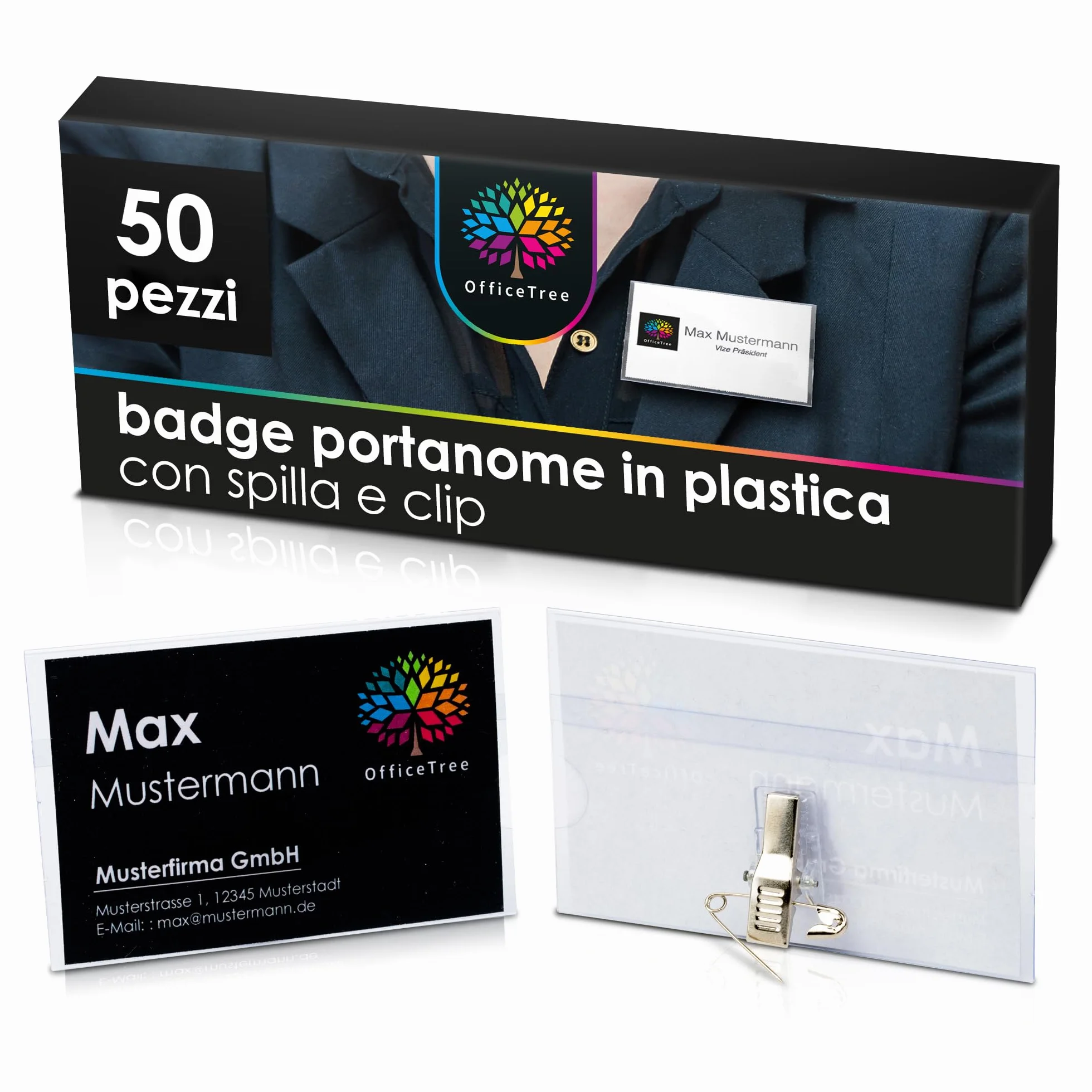 OfficeTree Badge Portanome con Clip e Spilla Integrate - 50 Biglietti da Stampare - Porta Badge Trasparente