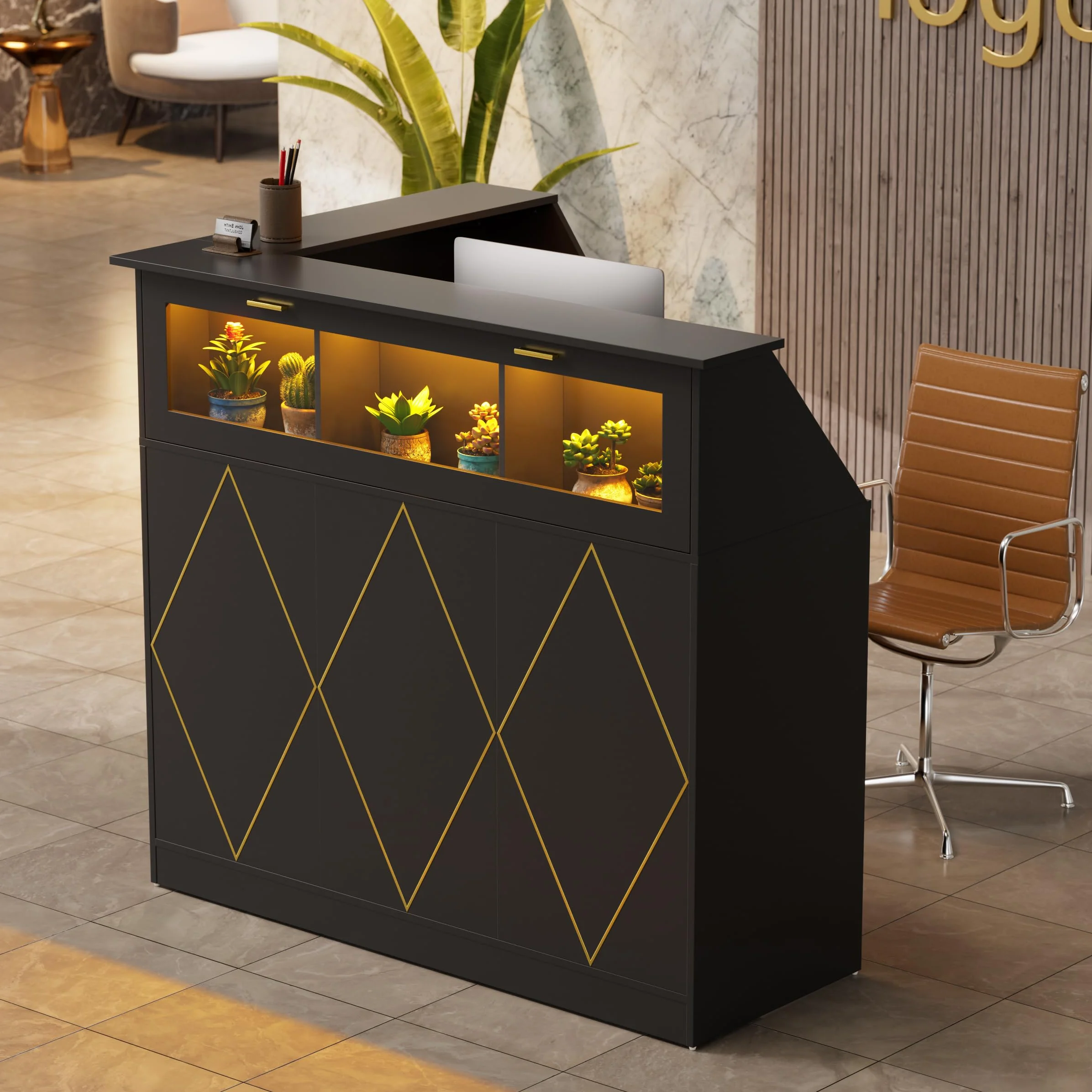 MSFE Bancone Reception con LED, Banco Reception L con Cassetti e Armadi, Moderno Bancone Negozio Reception Estetica Banco Cassa per Hotel, Ufficio,Centro Estetico,126x93x111cm (Nero)