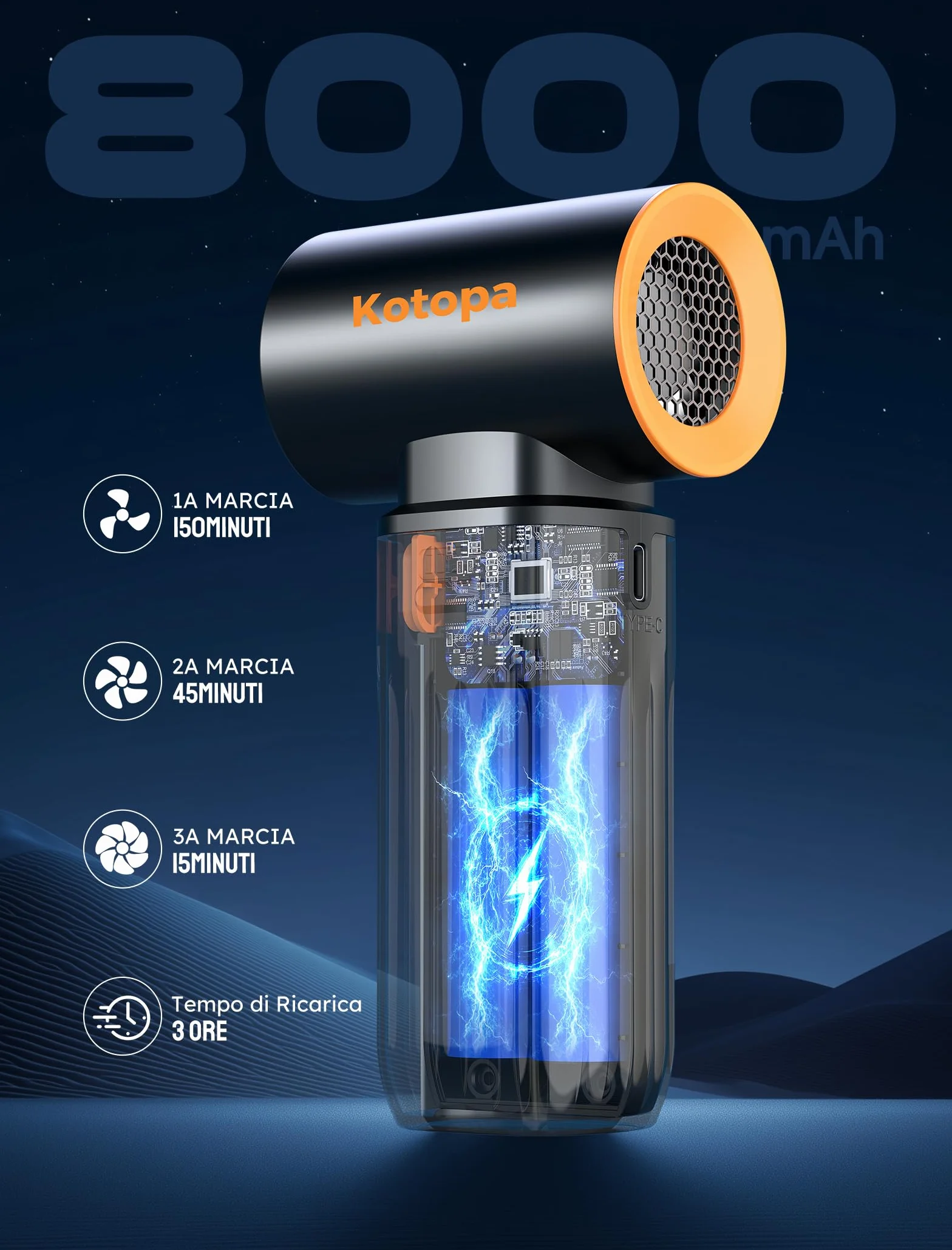 Kotopa Aria Compressa Elettrica, 3 Velocità 200000 RPM, Soffiatore Aria Compressa Dotato di una Batteria da 8000 mAh, Adatto per la Pulizia di Computer, Tastiere, Auto e Uso Esterno (Nero)