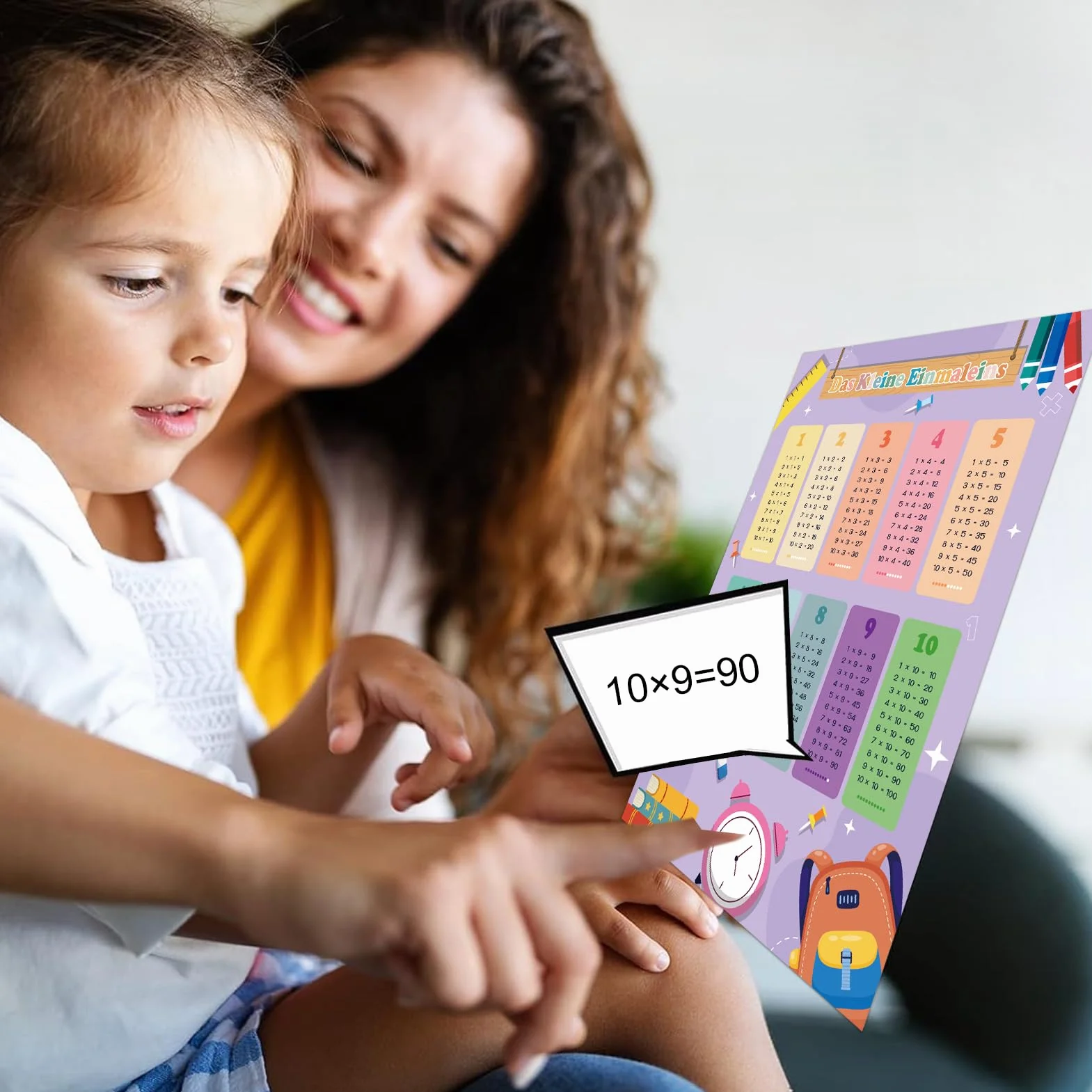 Poster didattico 1x1 per bambini con tabelline, 4 fogli di esercizi