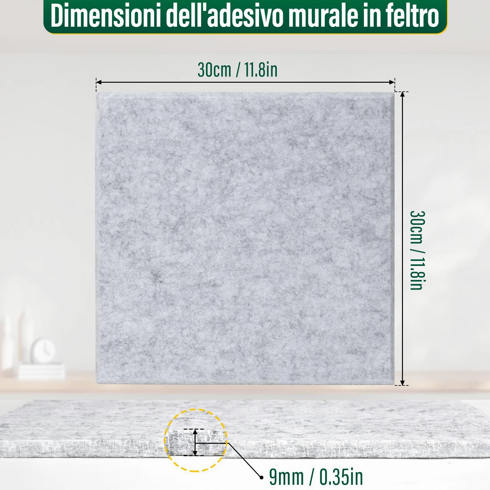 Bacheca in feltro, autoadesiva, 12 pezzi, 30 x 30 cm, spessore 0,9 cm, per ufficio, cucina, foto, memo (grigio quadrato)