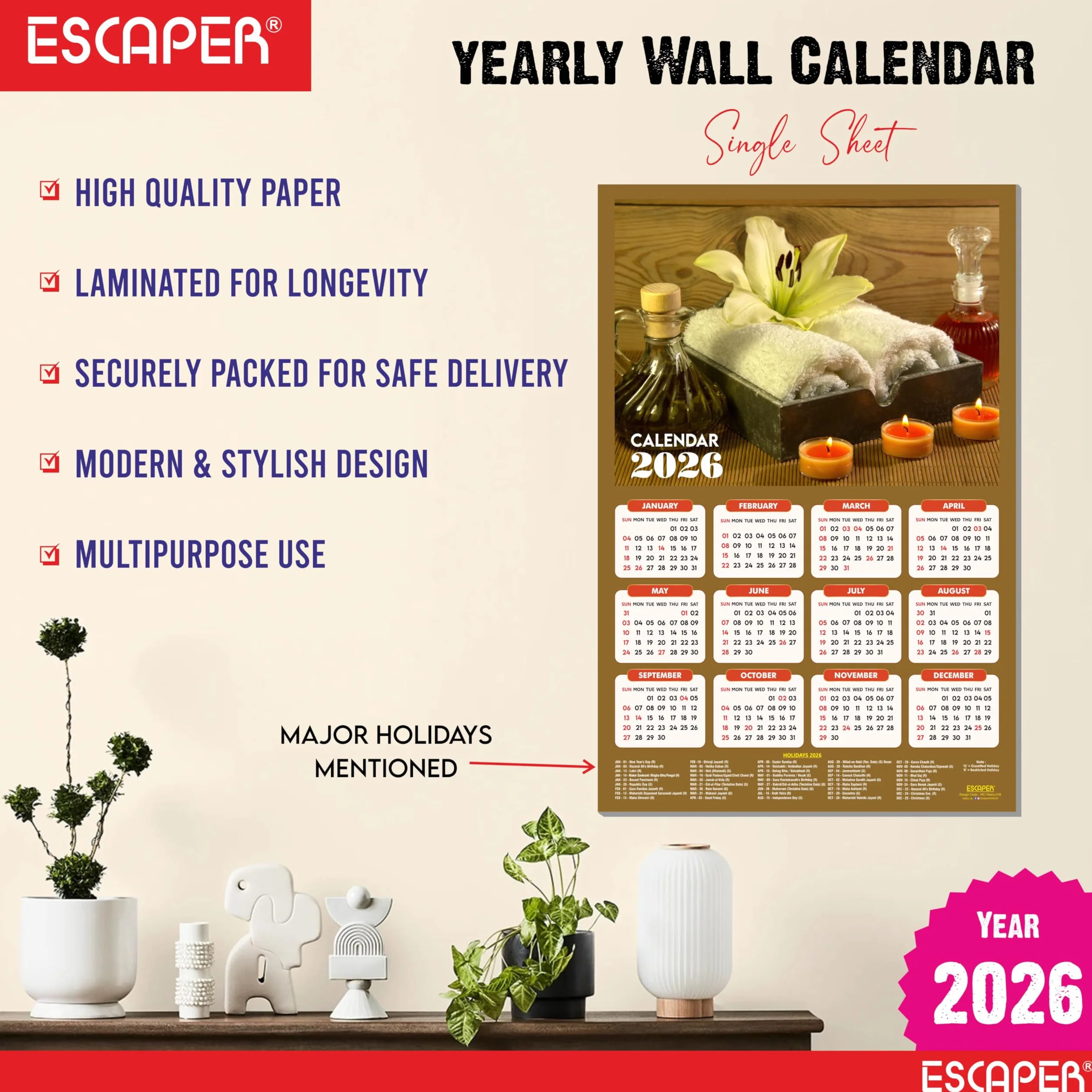 ESCAPER Calendario da parete Body Spa 2025 da appendere (45 x 30 cm), calendario da parete ayurvedico spa 2025, calendario da parete 2025, calendario da parete 2025, decorazione da parete spa