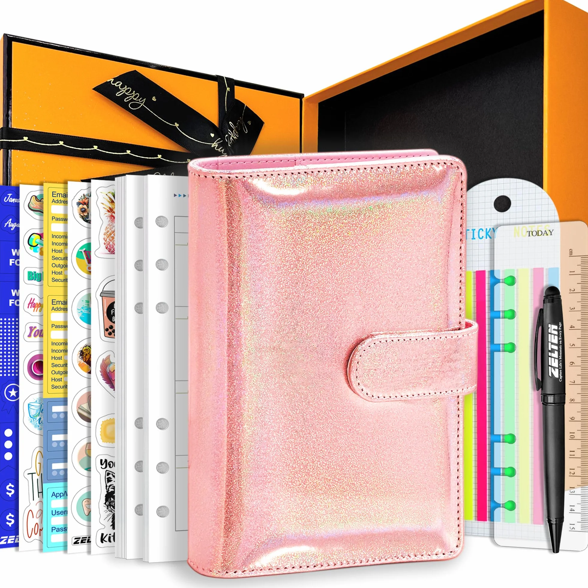 Taccuino Personale in Pelle PU con 80 Pagine di Carta a Fogli Sciolti 6 Fori Anello Raccoglitore Portapenna Fibbia Magnetica (Pink Glitter,A6 Gift Box)
