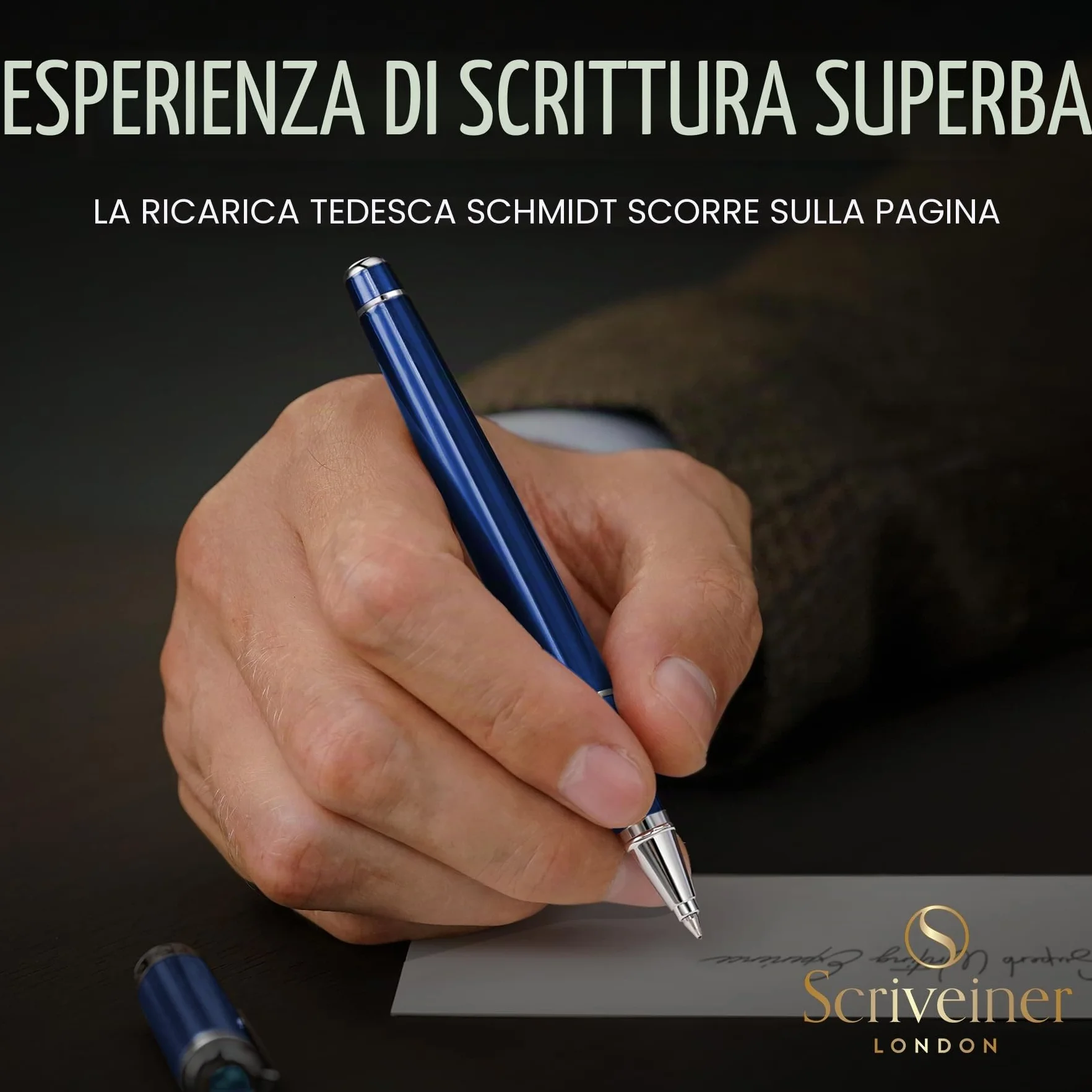 Scriveiner Midnight Blue Rollerball Pen, Laccata Blu Notte, Decori Cromati, Refill