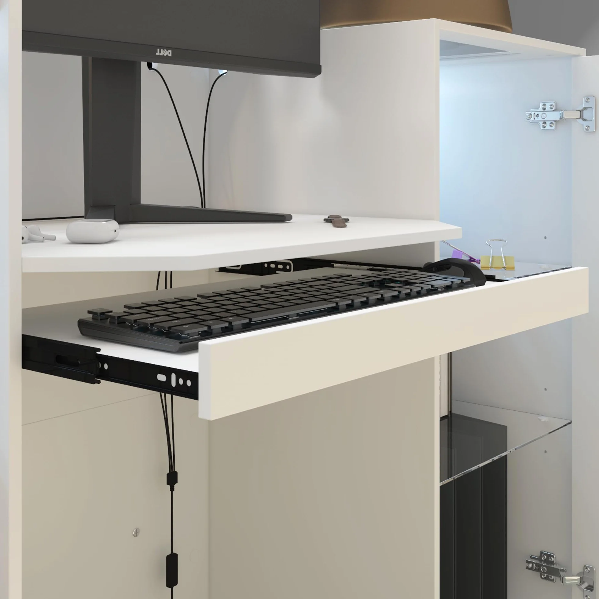 Bancone da reception bianco, tavolo da ricevimento con barra luminosa, bancone per reception, bancone ricezione, tavolo per reception, bancone ricezione con 2 armadietti e 1 vassoio scorrevole