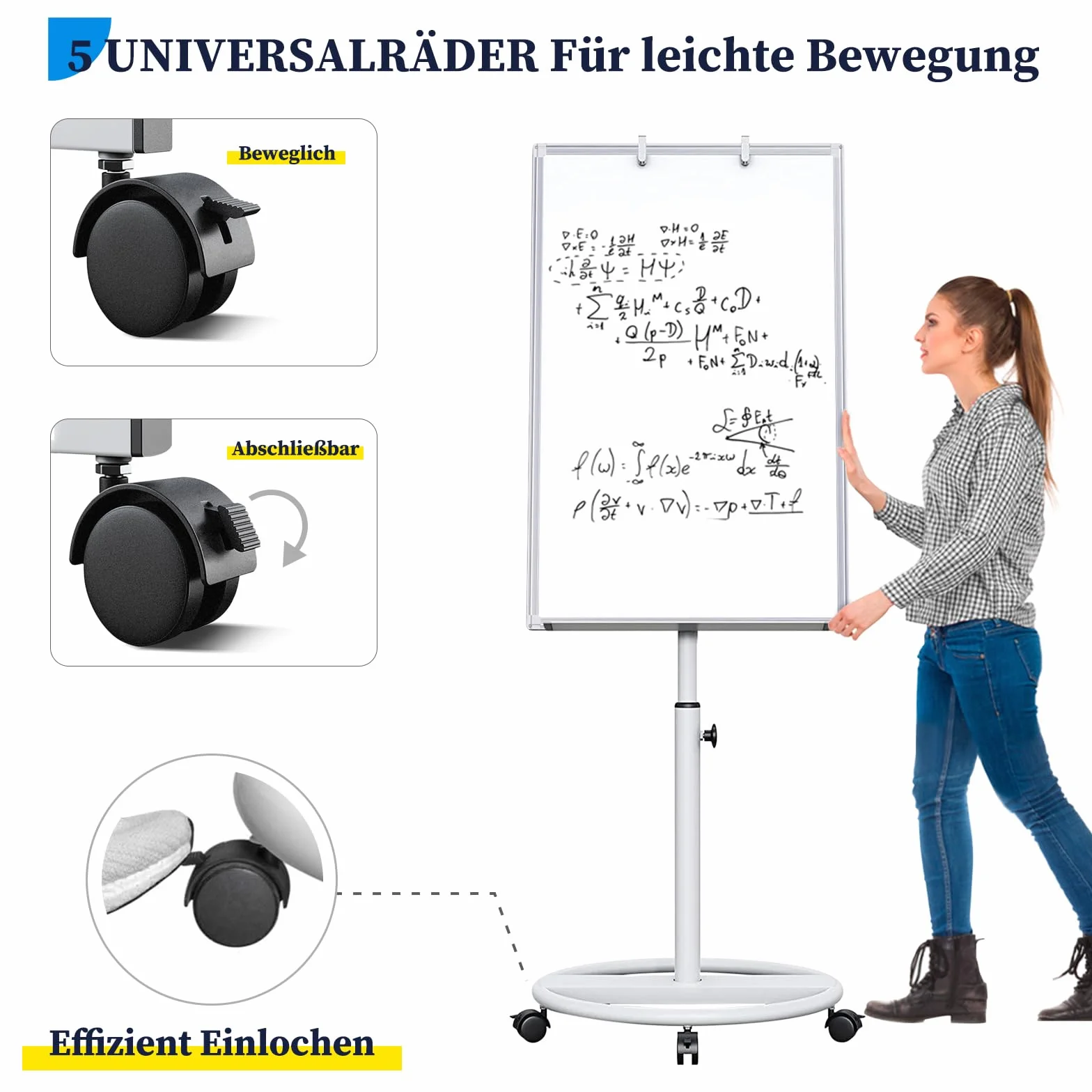 maxtek Lavagna Bianca Mobile 90 x 60 cm, Lavagna Magnetica Cancellabile a Secco, Altezza Regolabile con Cavalletto e Ganci Argento