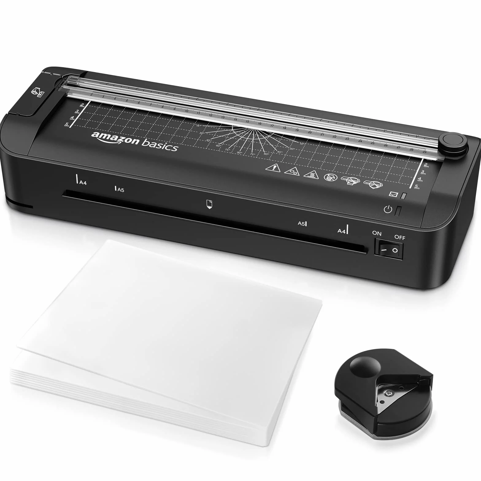 Amazon Basics Plastificatrice termica 3 in 1, formato A4, con funzioni di rifinitura, perforazione e smussamento degli angoli, con 10 pouches incluse, spina del EU, Nero
