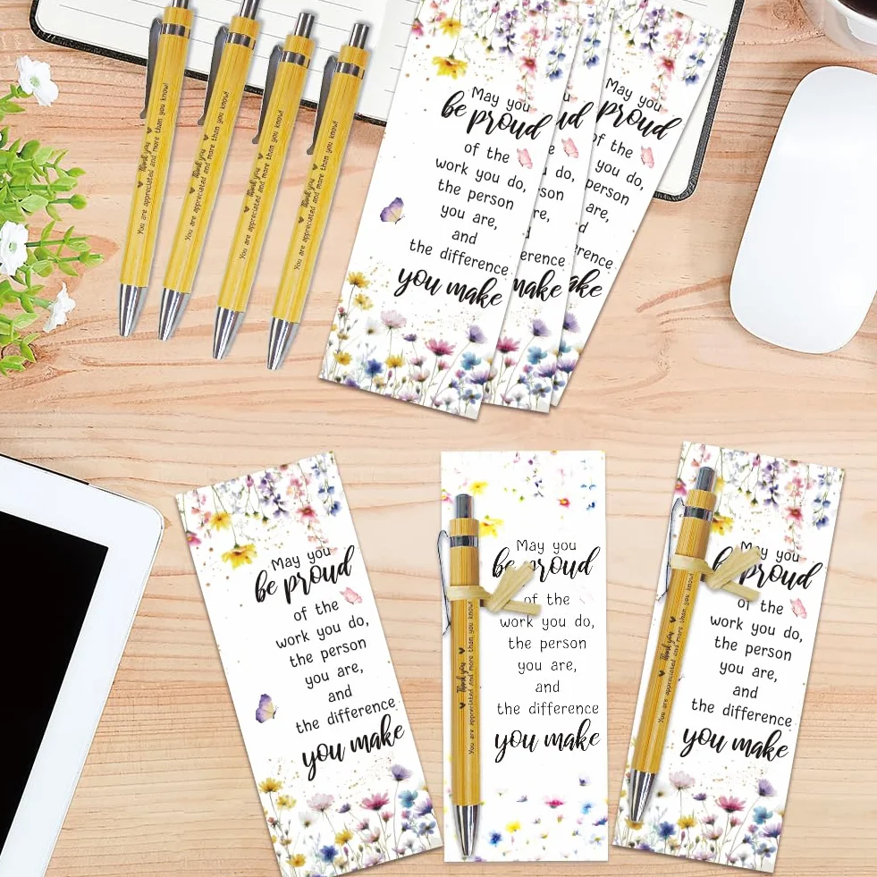 WEBEEDY Set di 36 penne in bambù con note ispiratrici e segnalibro a forma di fiore