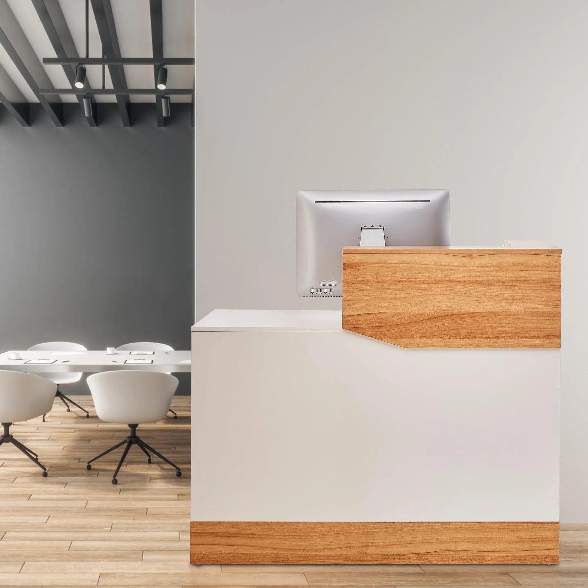 Bancone reception Moderno in Legno 120 cm, Scrivania Professionale Bancone Ufficio con Gestione Cavi per Parrucchiere, Centro Estetico, Negozio, Hotel