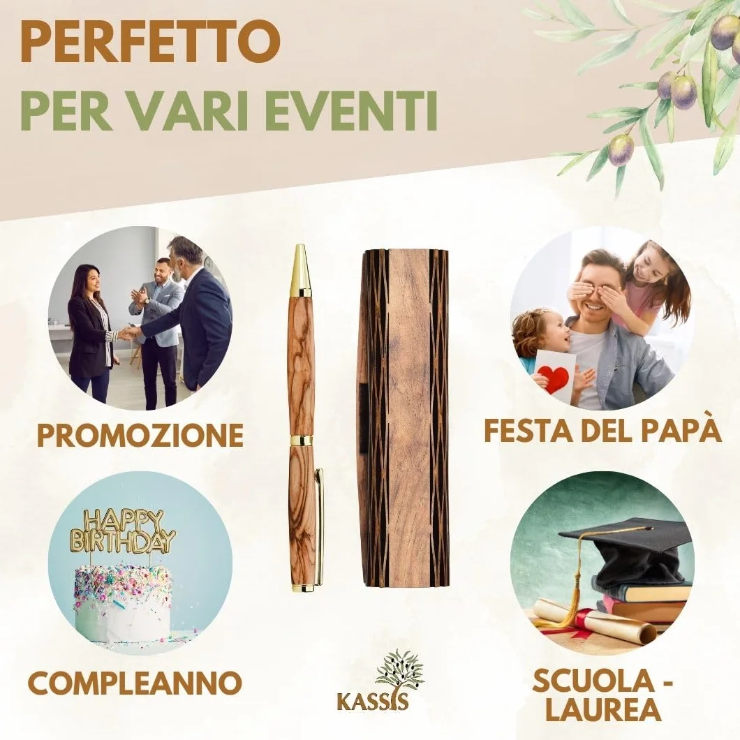 KASSIS Penna a sfera in legno d'ulivo - Realizzata a mano con bellissime venature e testo personalizzato in un'elegante scatola di legno - Penna a sfera personalizzata (Con incisione)