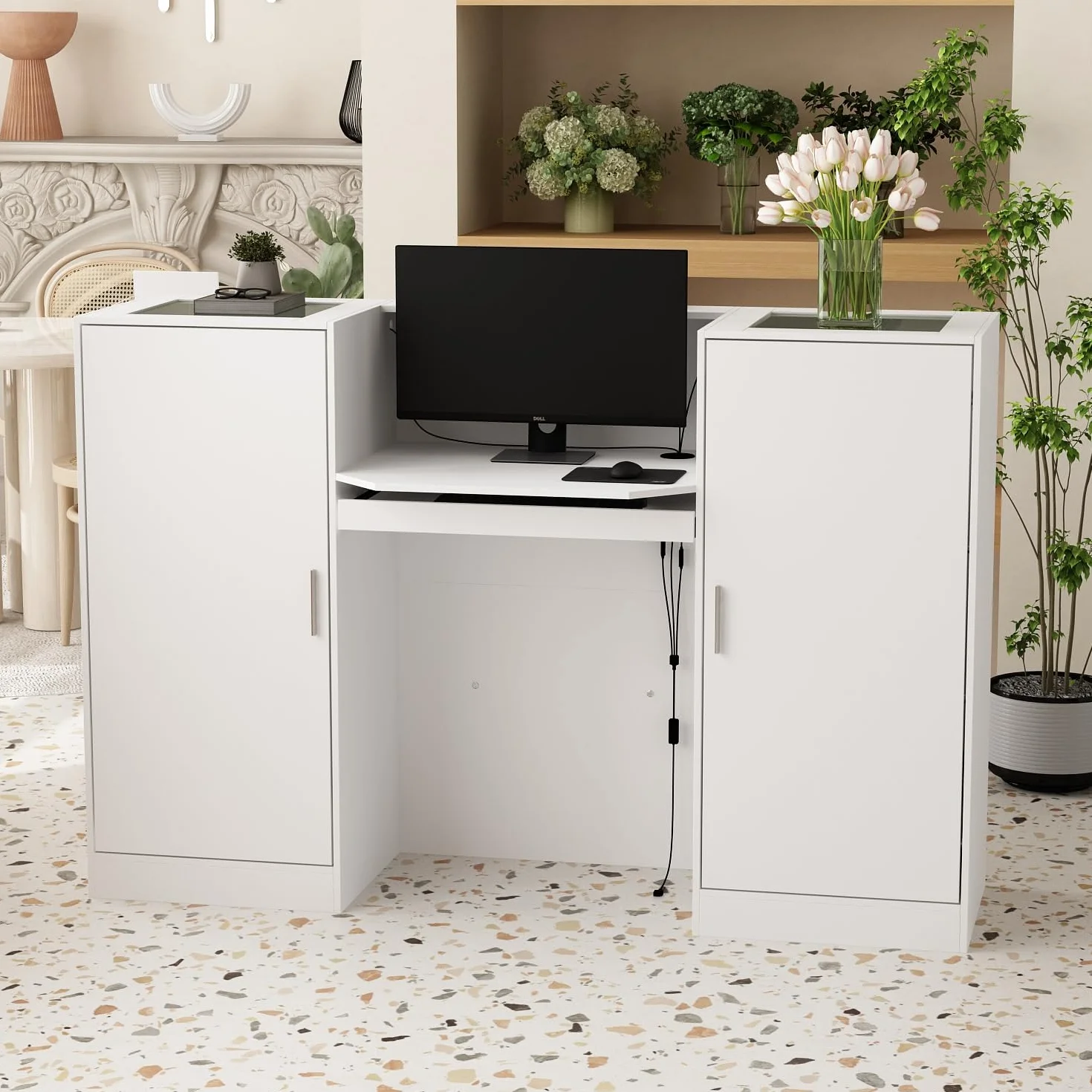 Bancone da reception bianco, tavolo da ricevimento con barra luminosa, bancone per reception, bancone ricezione, tavolo per reception, bancone ricezione con 2 armadietti e 1 vassoio scorrevole