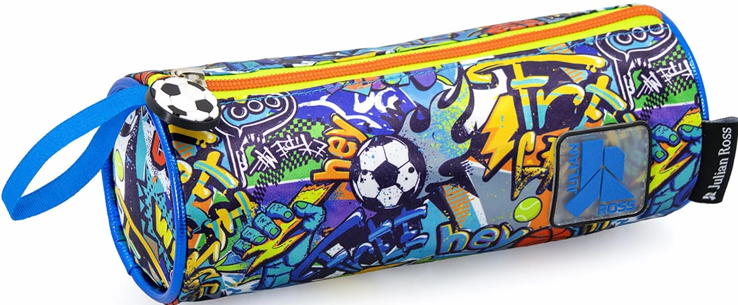 Julian Ross Astuccio Tombolino per Bambino Sport Portapenne Cilindro Scuola Azzurro 21x8 cm Chiusura Zip Poliestere