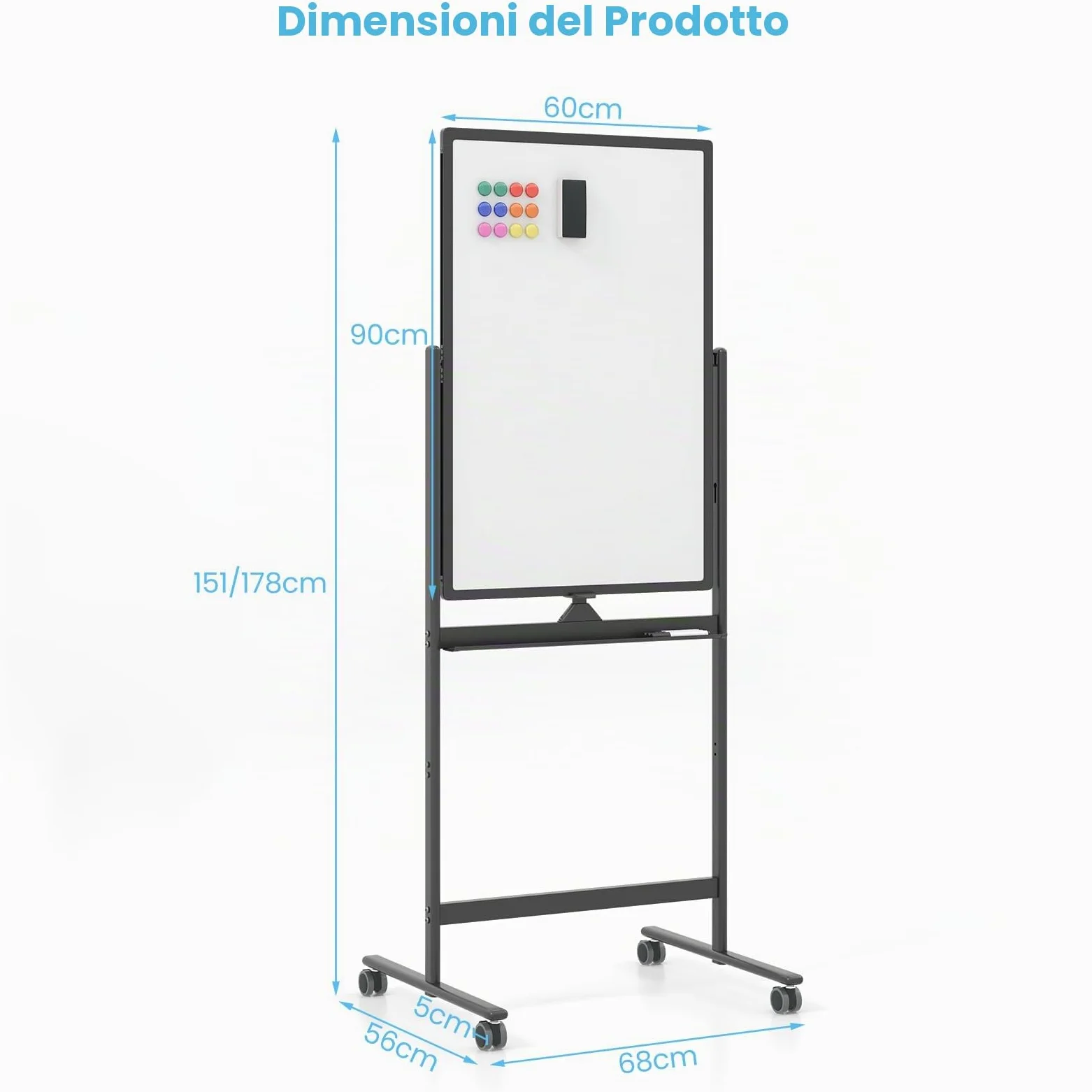 LIFEZEAL Lavagna Magnetica, 90 x 60 x (151-178) cm, Lavagna con Cavalletto, Lavagna Bianca Cancellabile con Ruote Frenabili, Lavagna Bifacciale con Fogli di Carta e Girevole a 360 gradi (nero)