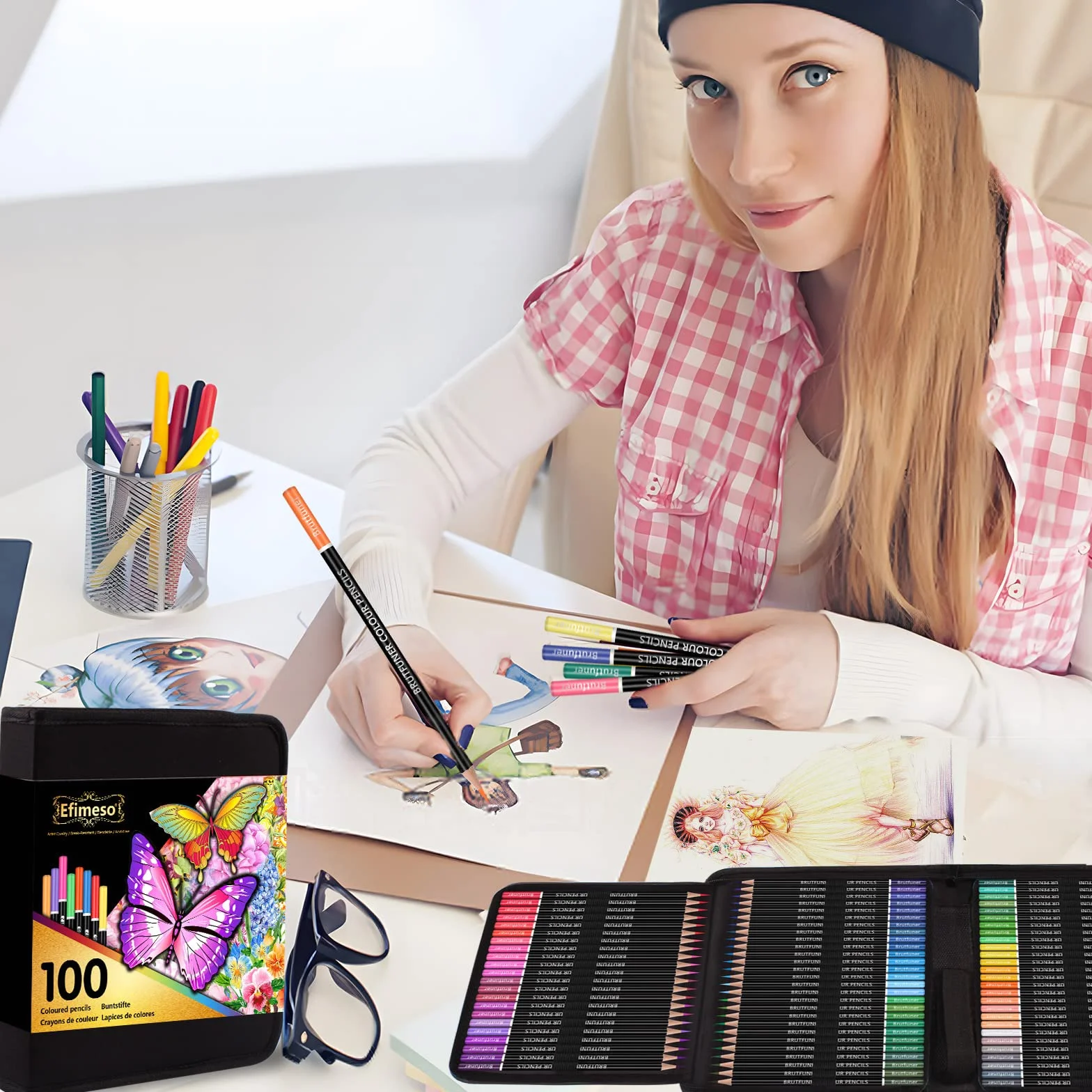 Efimeso 100 Matite Colorate Professionali con Custodia Nera per Disegno e Schizzi