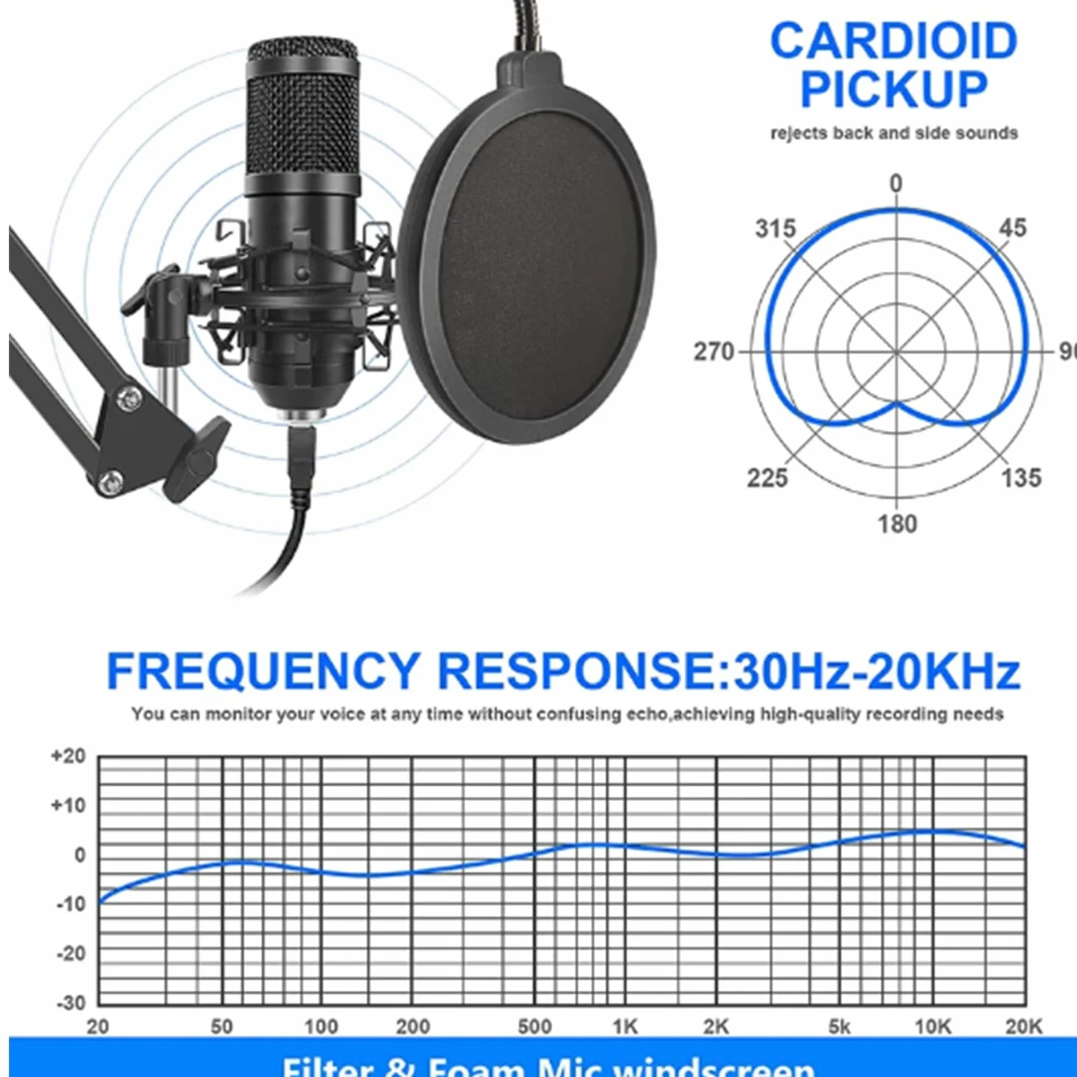 Set di microfoni di registrazione - kit microfono in streaming, attrezzatura audio professionale | Bundle microfono intuitivo intuitivo, condensatore podcast Set for Singers Anchors Live Streaming Rec