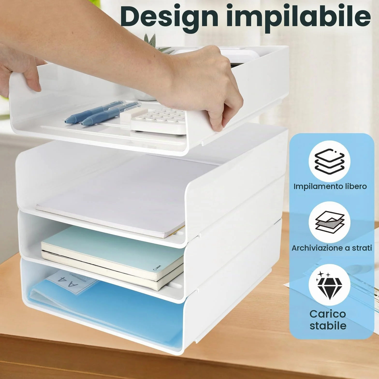 4 Pezzi Vaschetta Porta Documenti Ufficio Impilabile, Organizzatore Scrivania Bianco in PET, Vassoio Porta Documenti A4, Organizer Scrivania per Libri Documenti Fogli Riviste