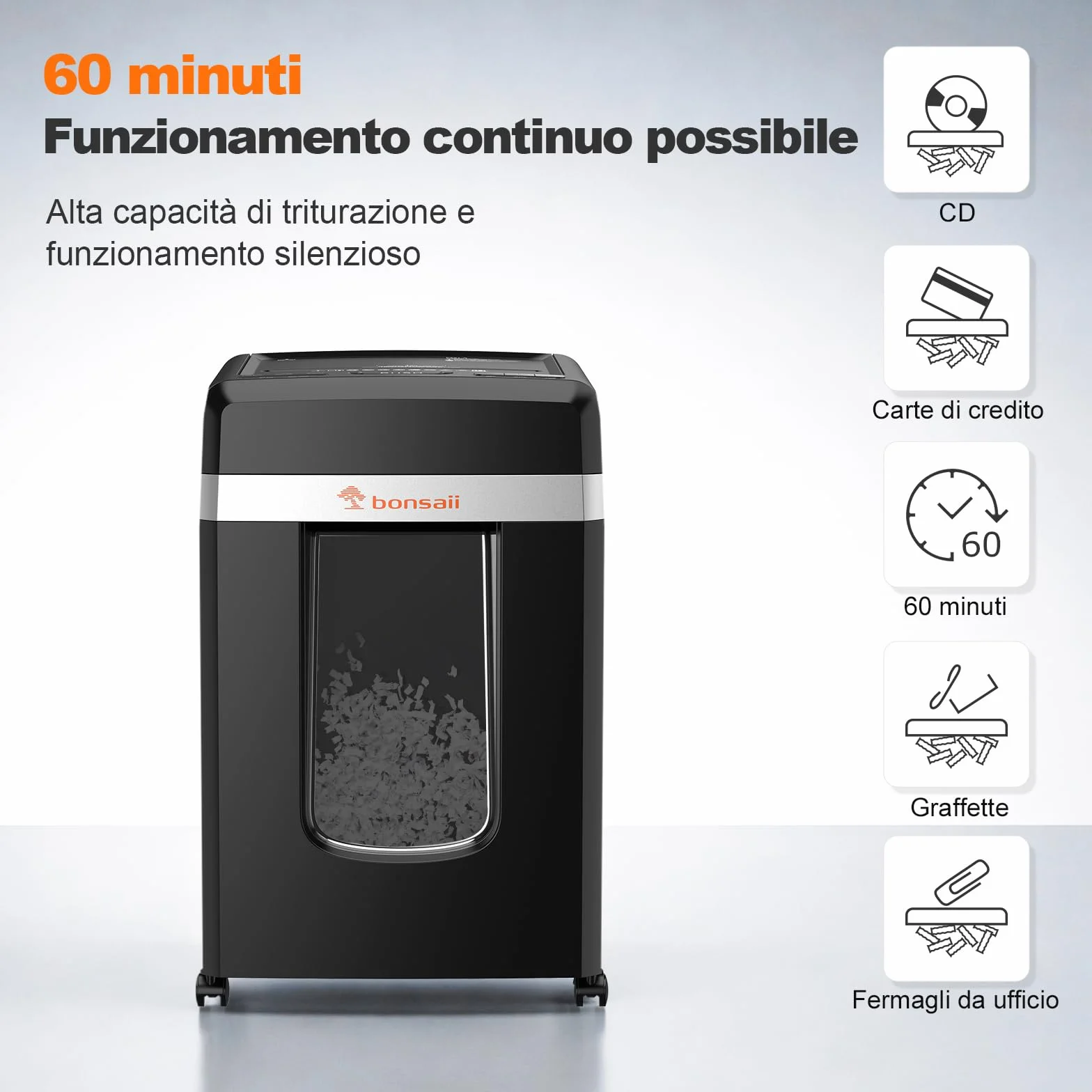 Bonsaii C291-A Distruggidocumenti P-4 Micro-Cut, con alimentatore automatico di documenti da 300 fogli, funzionamento continuo, 60 minuti, contenitore per rifiuti da 31 litri