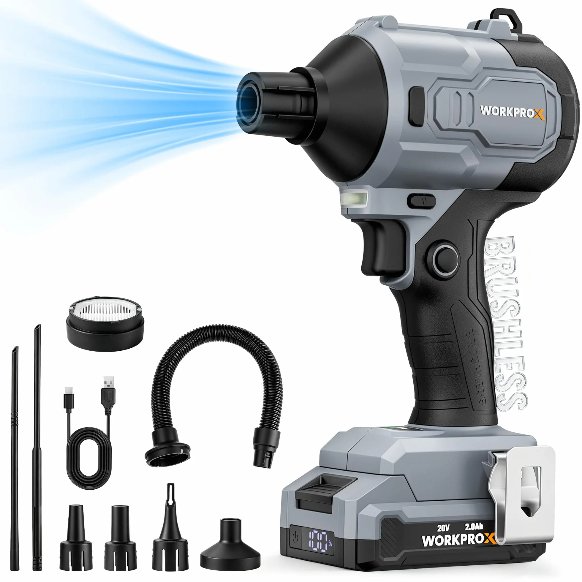 WORKPROX Soffiatore ad Aria Compressa Wireless 20V | Soffiatore Elettrico Ricaricabile USB-C, Motore Brushless, 4 Velocità Regolabili, Funzione Soffiaggio/Aspirazione