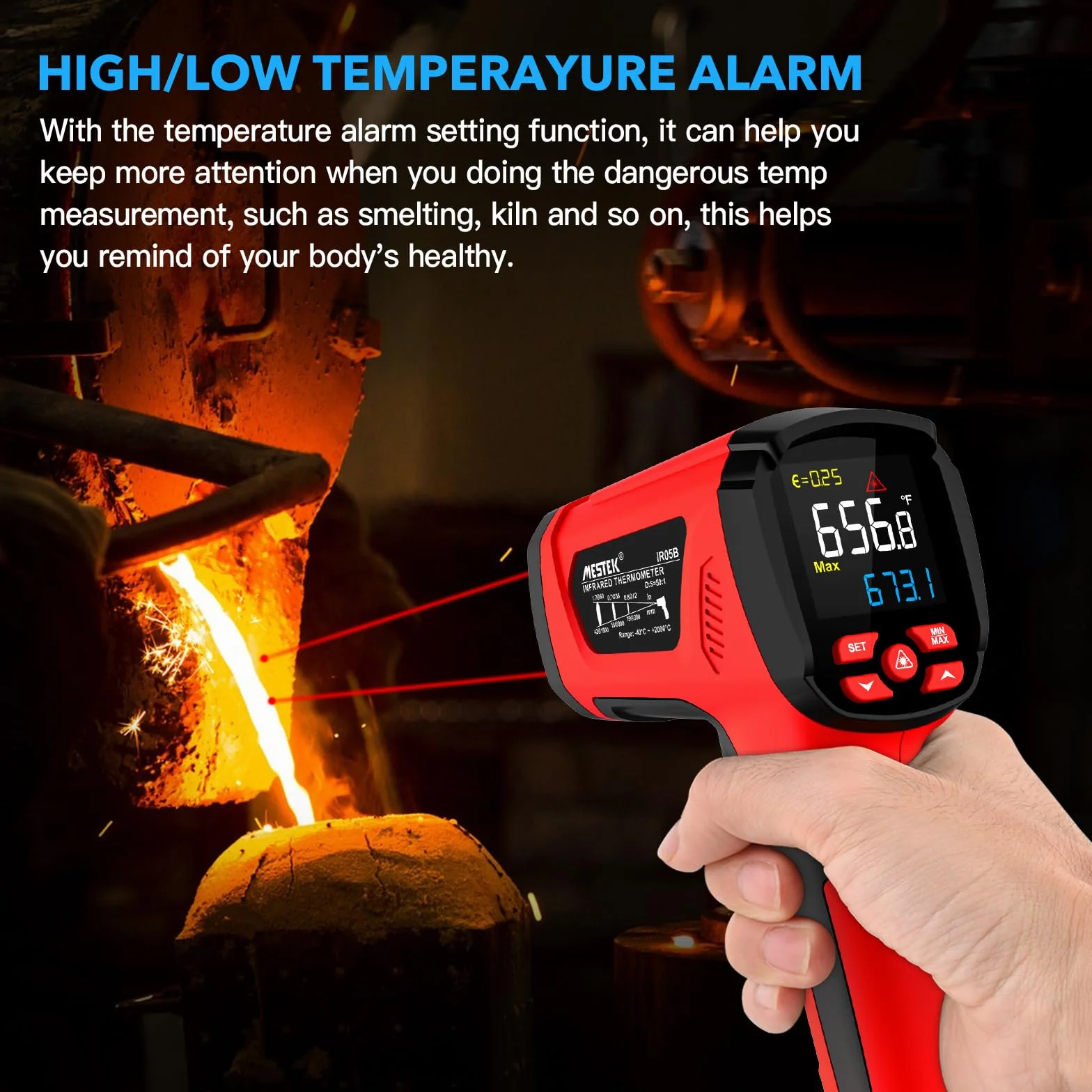 MESTEK Termometro a Infrarossi Digitale Laser -40°C~2000°C con K-Probe Senza Contatto LCD Emissività Regolabile Allarme