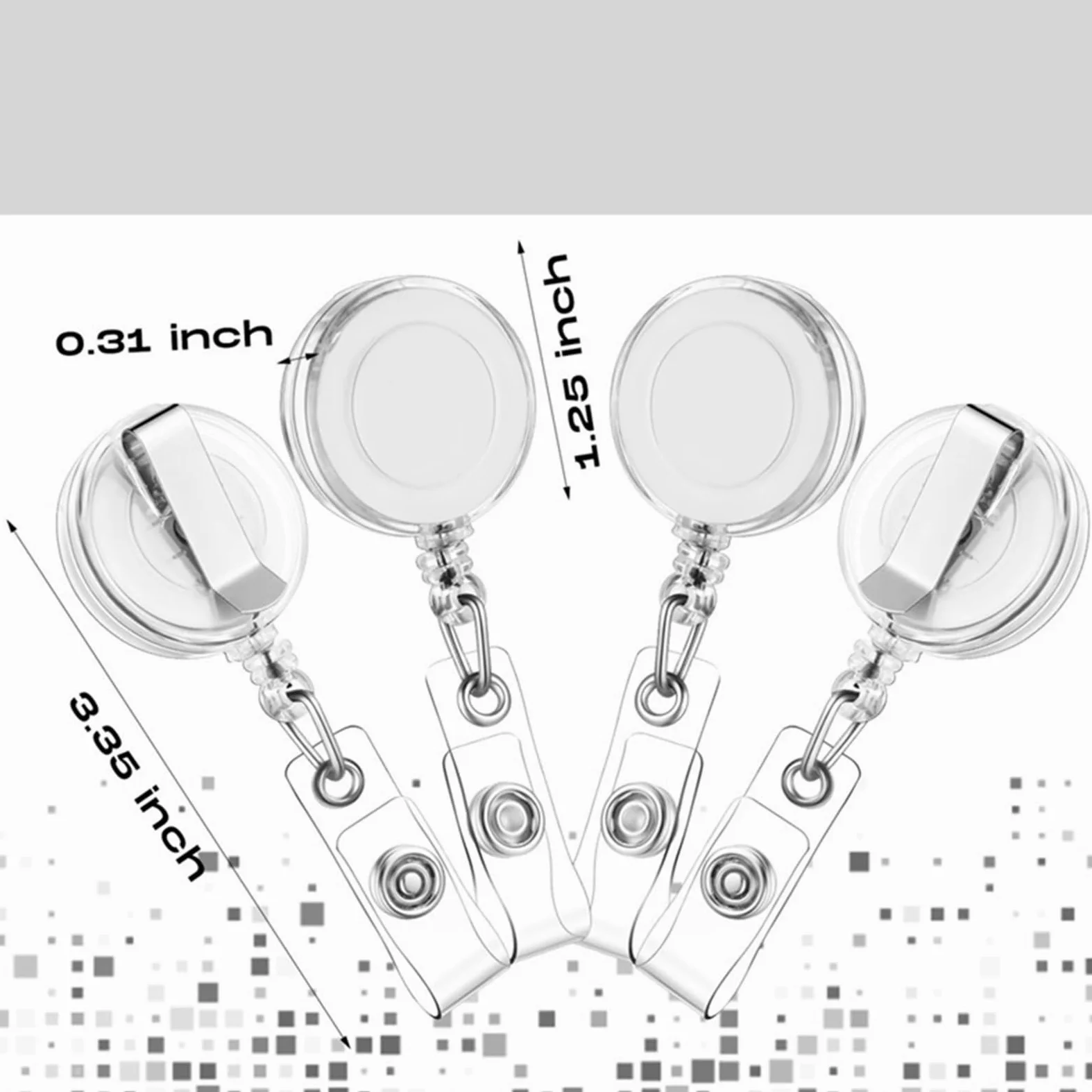 Cordino retrattile, 100 pezzi, clip retrattili per badge, carta d'identità, con clip da cintura in metallo, per appendere carte e portachiavi (bianco trasparente)