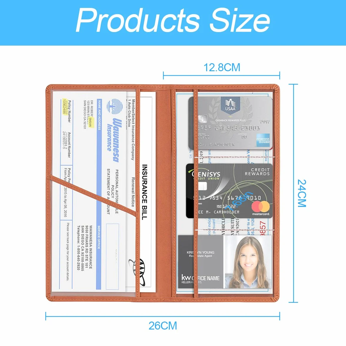 Porta Carte Documenti Auto in Pelle PU, Supporto Assicurazione Auto, Portadocumenti Immatricolazione, Patenti, Marrone