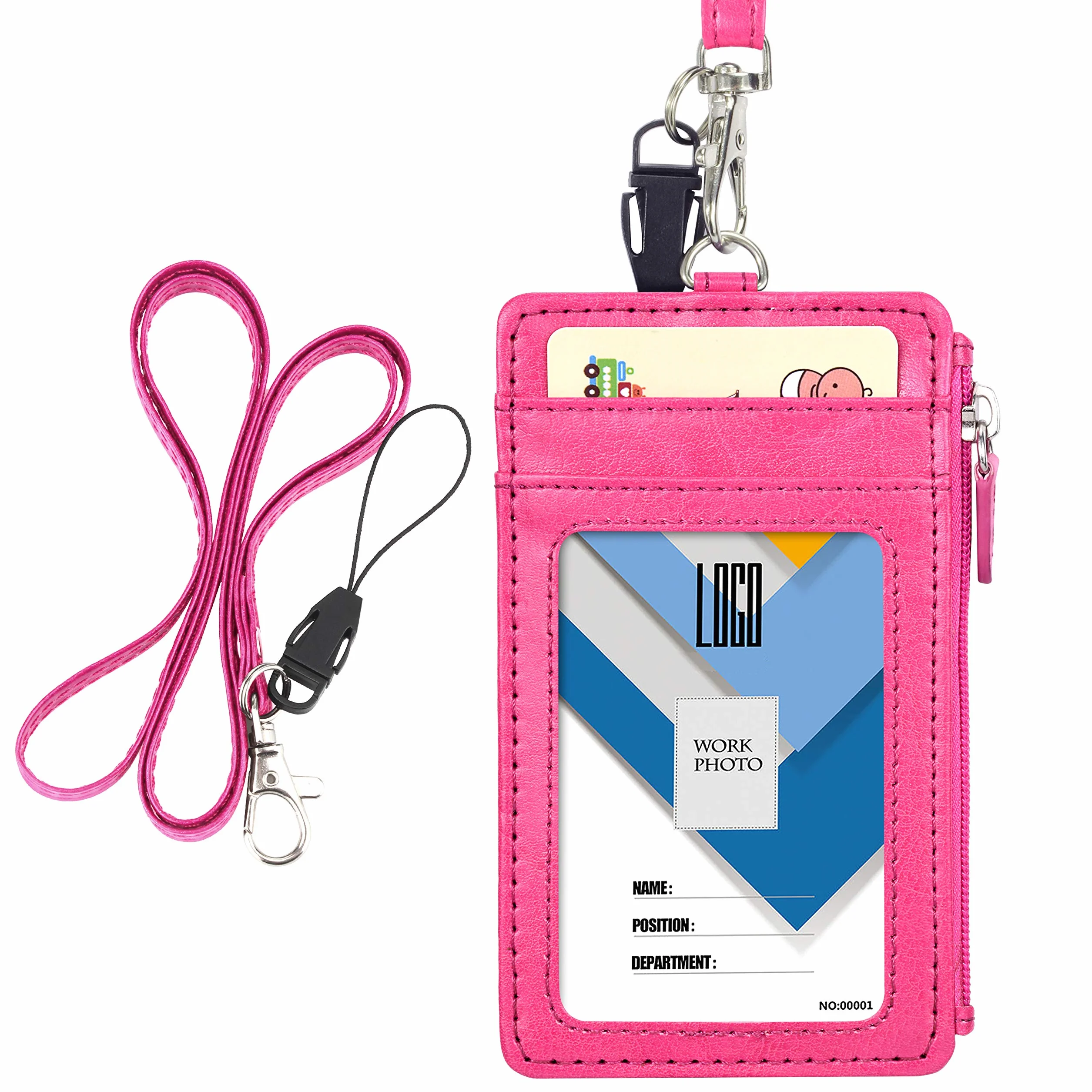 Wisdompro Porta Badge da Collo con Cerniera, 50 cm Portachiavi, 4 Slot, Finestra Trasparente, Rosa Caldo