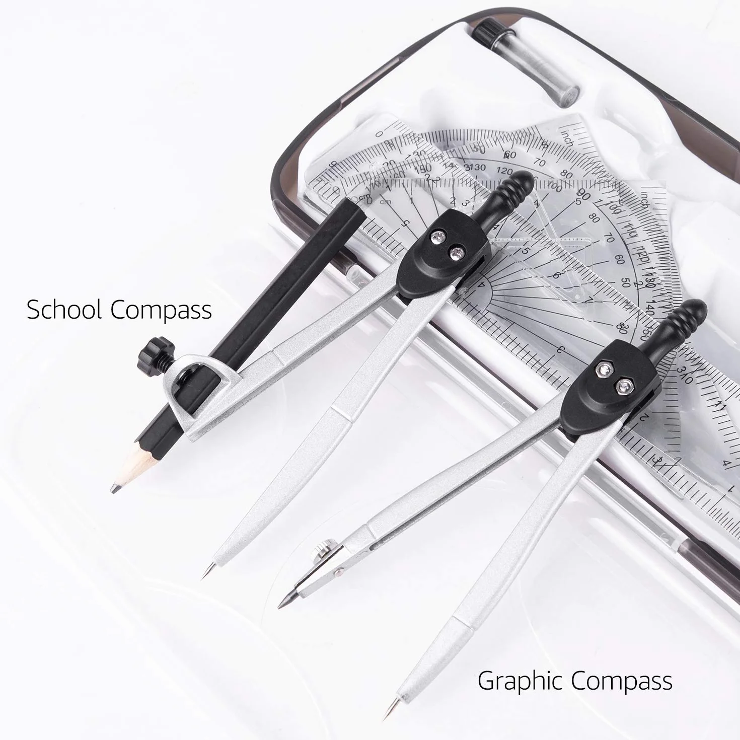 Amazon Basics Kit da 10 pezzi per matematica, compassi, righello, goniometro, squadre, matita e custodia
