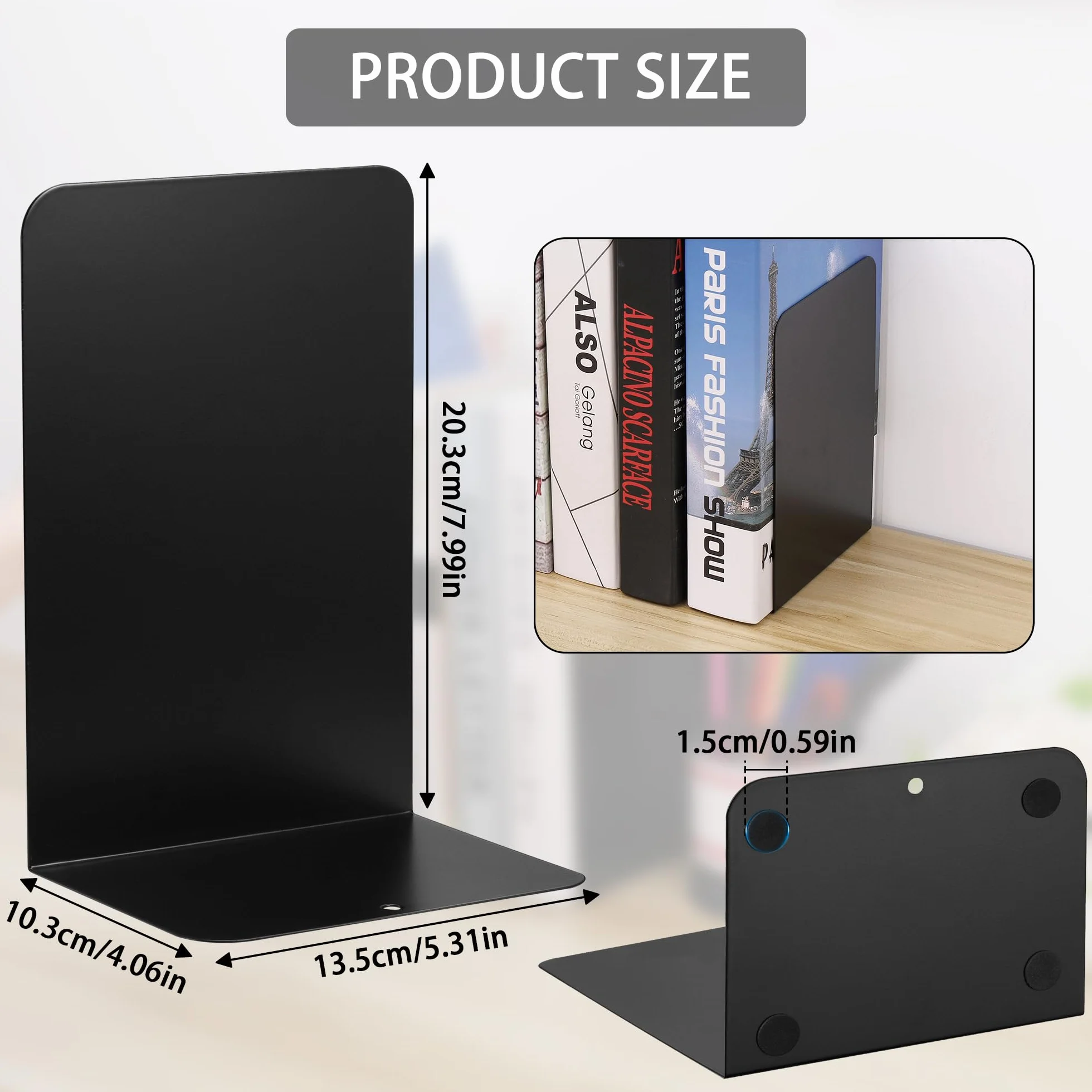 Fermalibri in Metallo Antiscivolo 2 Paia 4 Pezzi 10x13x20 cm per Mensole Ufficio Casa Scuole Nero