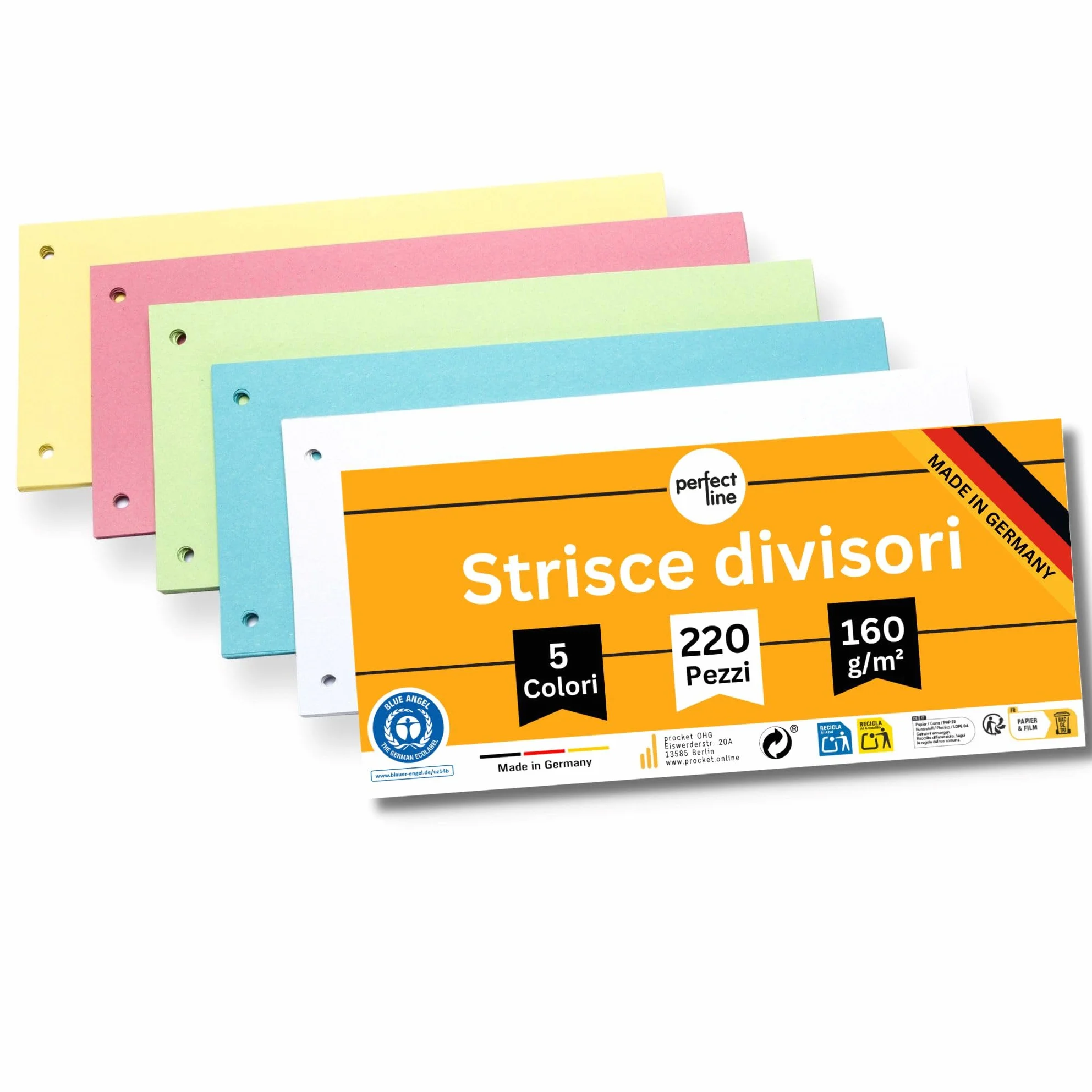 Strisce divisori raccoglitori ad anelli A4, cartone riciclato, Made in Germany, 5 colori