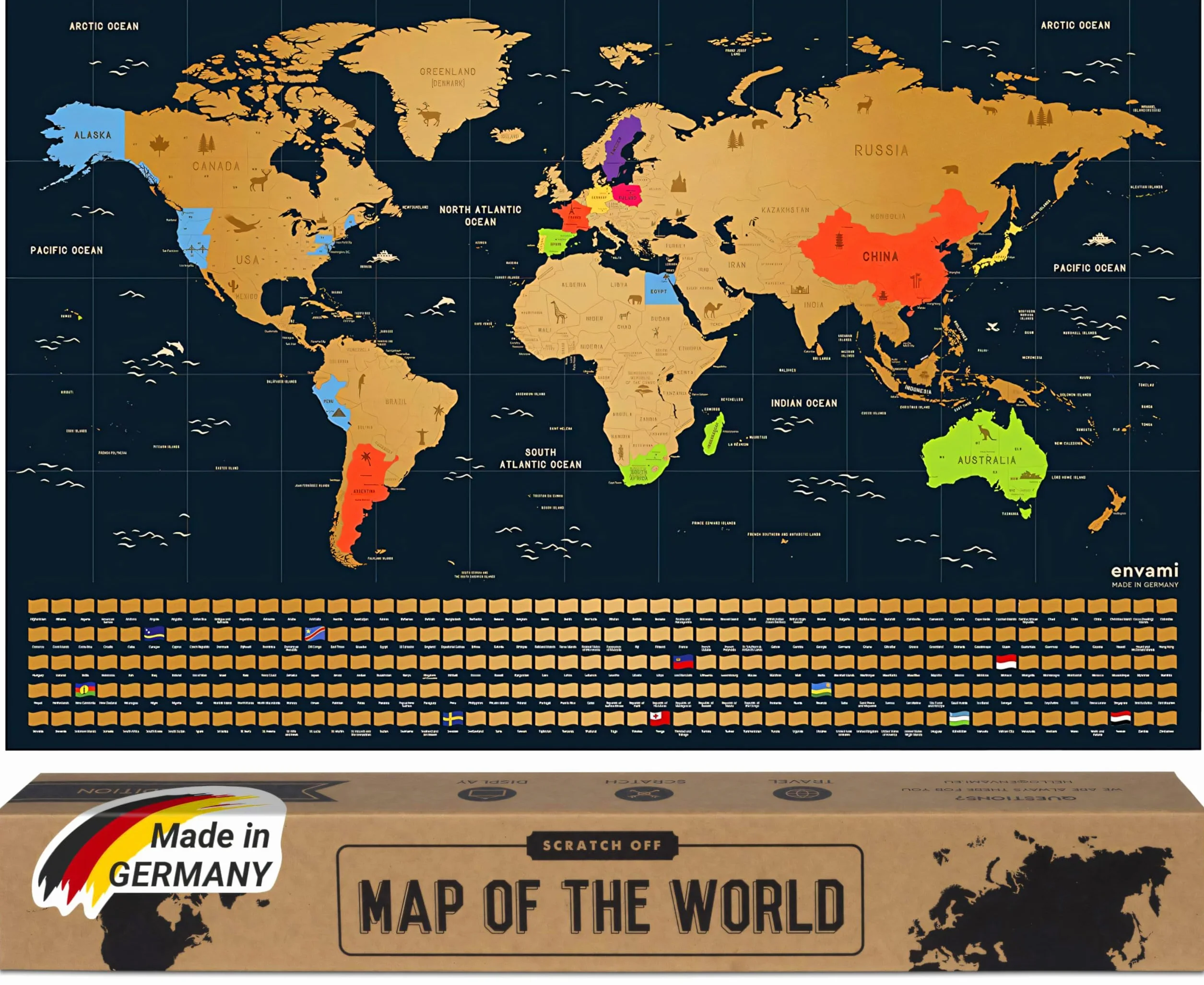 Mappa del Mondo da Grattare 68x43 cm con Bandiere Oro Inglese